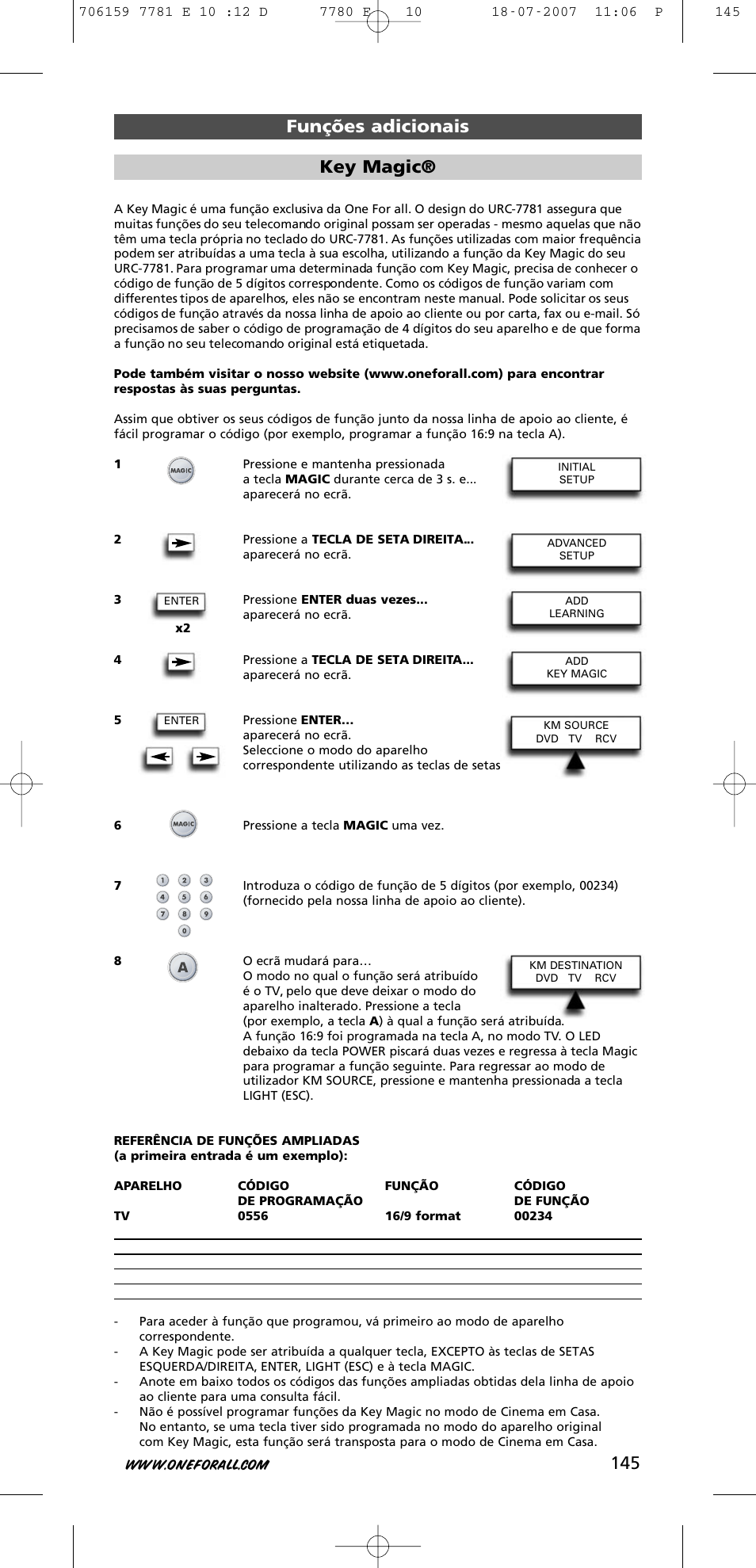 Funções adicionais key magic | One for All URC-7781 User Manual | Page 146 / 319