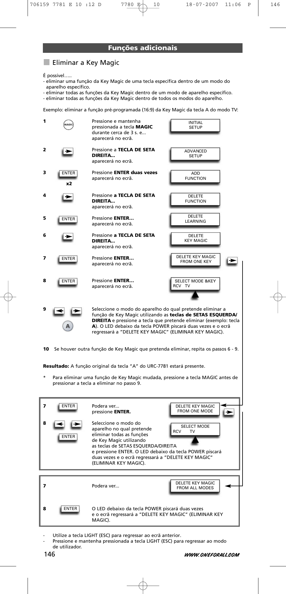 Funções adicionais eliminar a key magic | One for All URC-7781 User Manual | Page 147 / 319