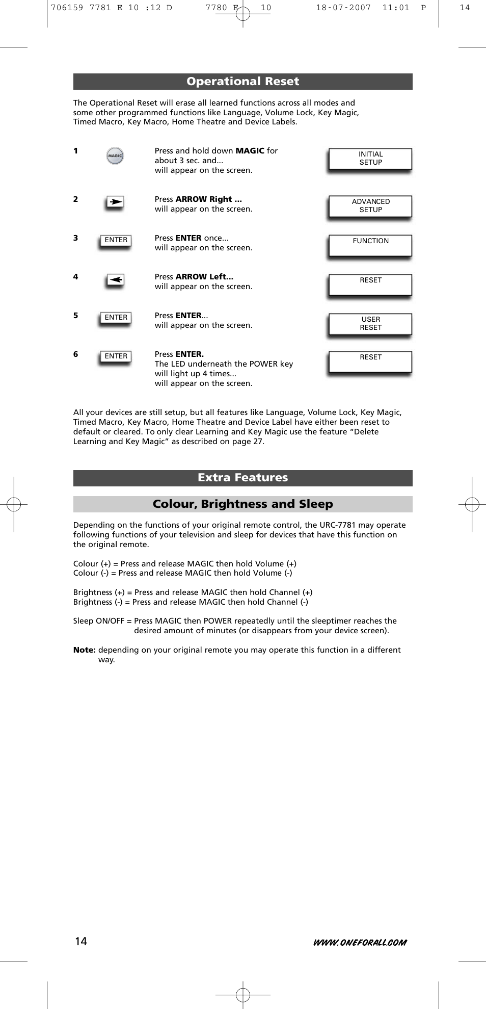 Operational reset extra features, Colour, brightness and sleep | One for All URC-7781 User Manual | Page 15 / 319