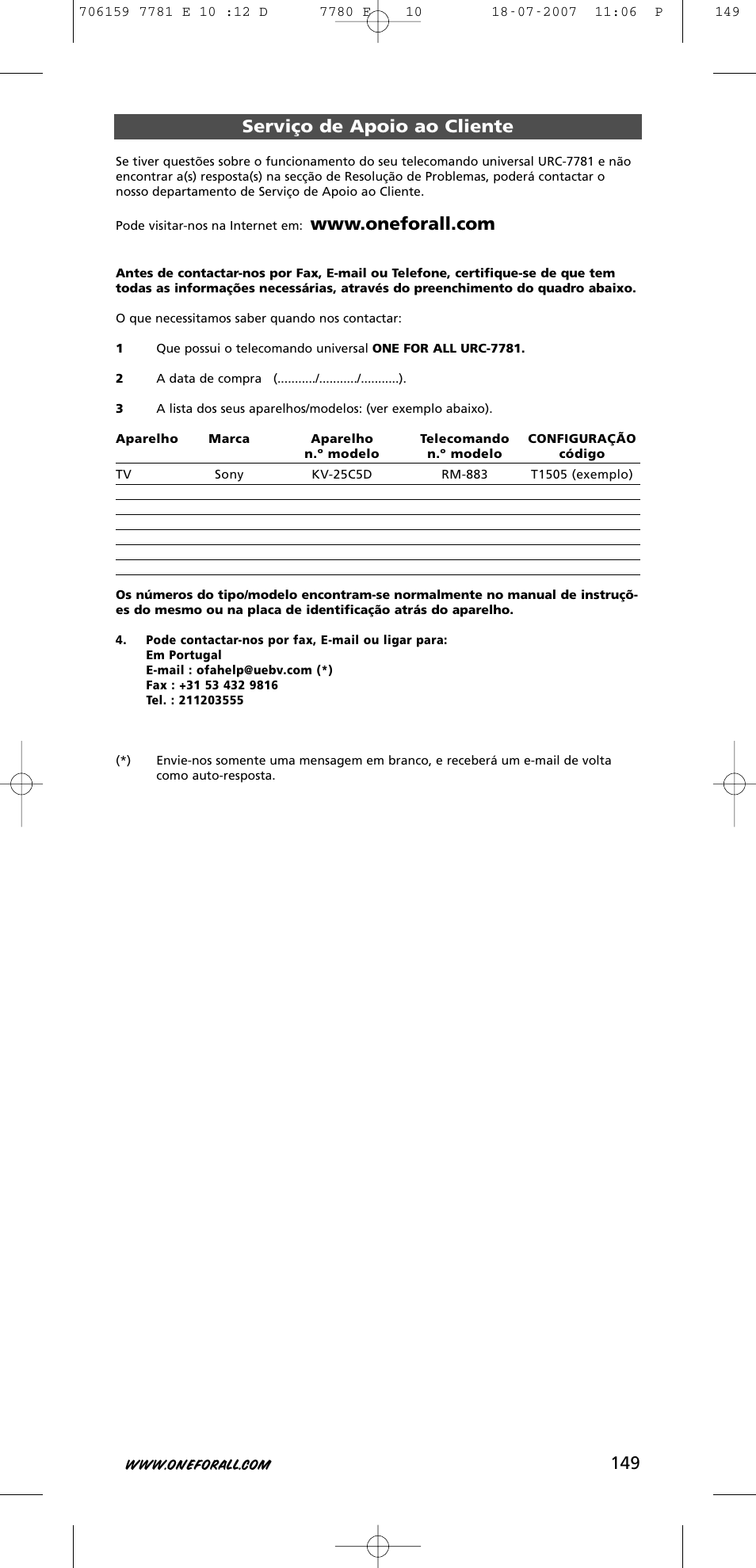 149 serviço de apoio ao cliente | One for All URC-7781 User Manual | Page 150 / 319