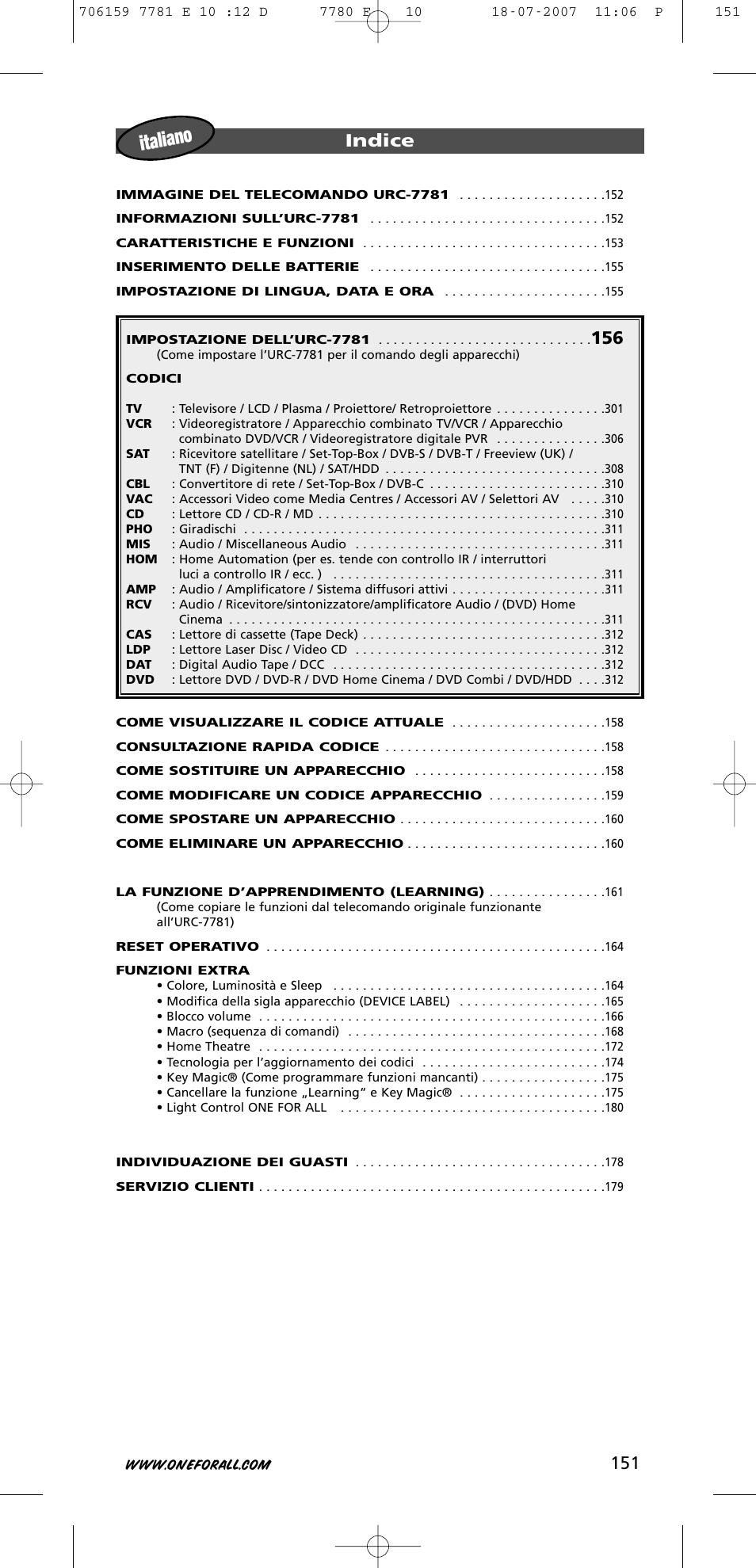 Italiano, 151 indice | One for All URC-7781 User Manual | Page 152 / 319