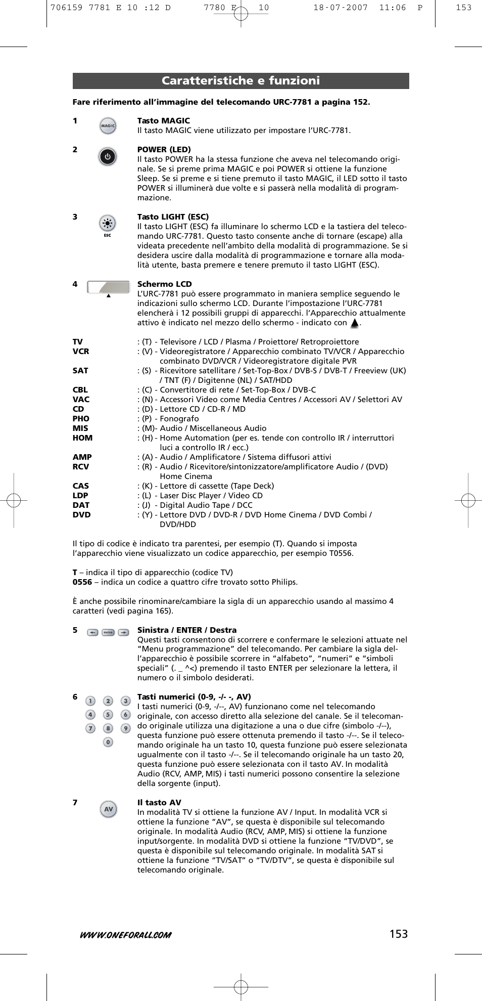 153 caratteristiche e funzioni | One for All URC-7781 User Manual | Page 154 / 319