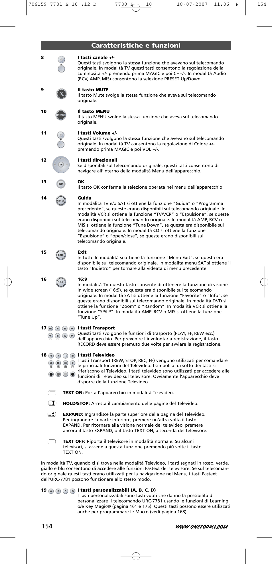 Caratteristiche e funzioni | One for All URC-7781 User Manual | Page 155 / 319