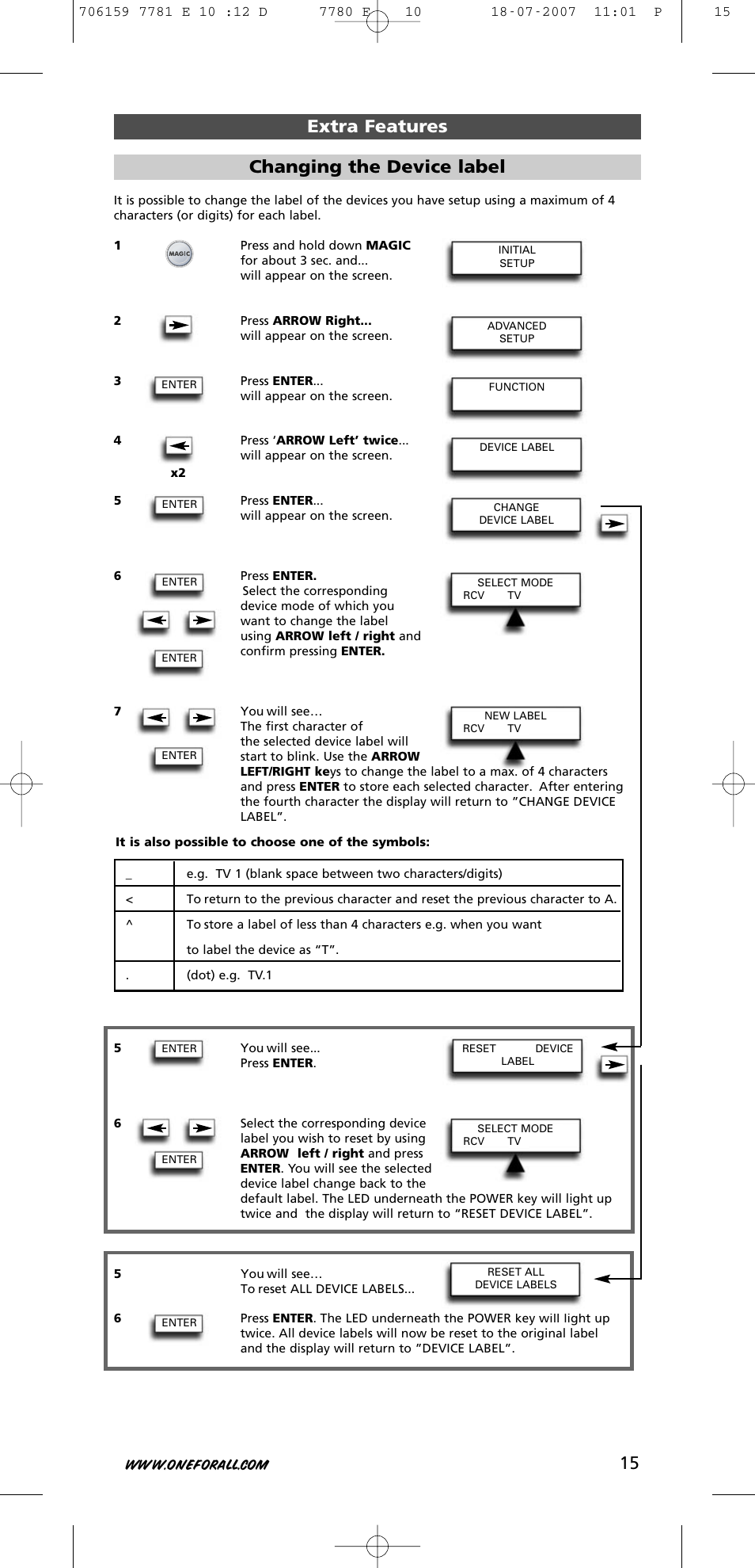 15 extra features changing the device label | One for All URC-7781 User Manual | Page 16 / 319
