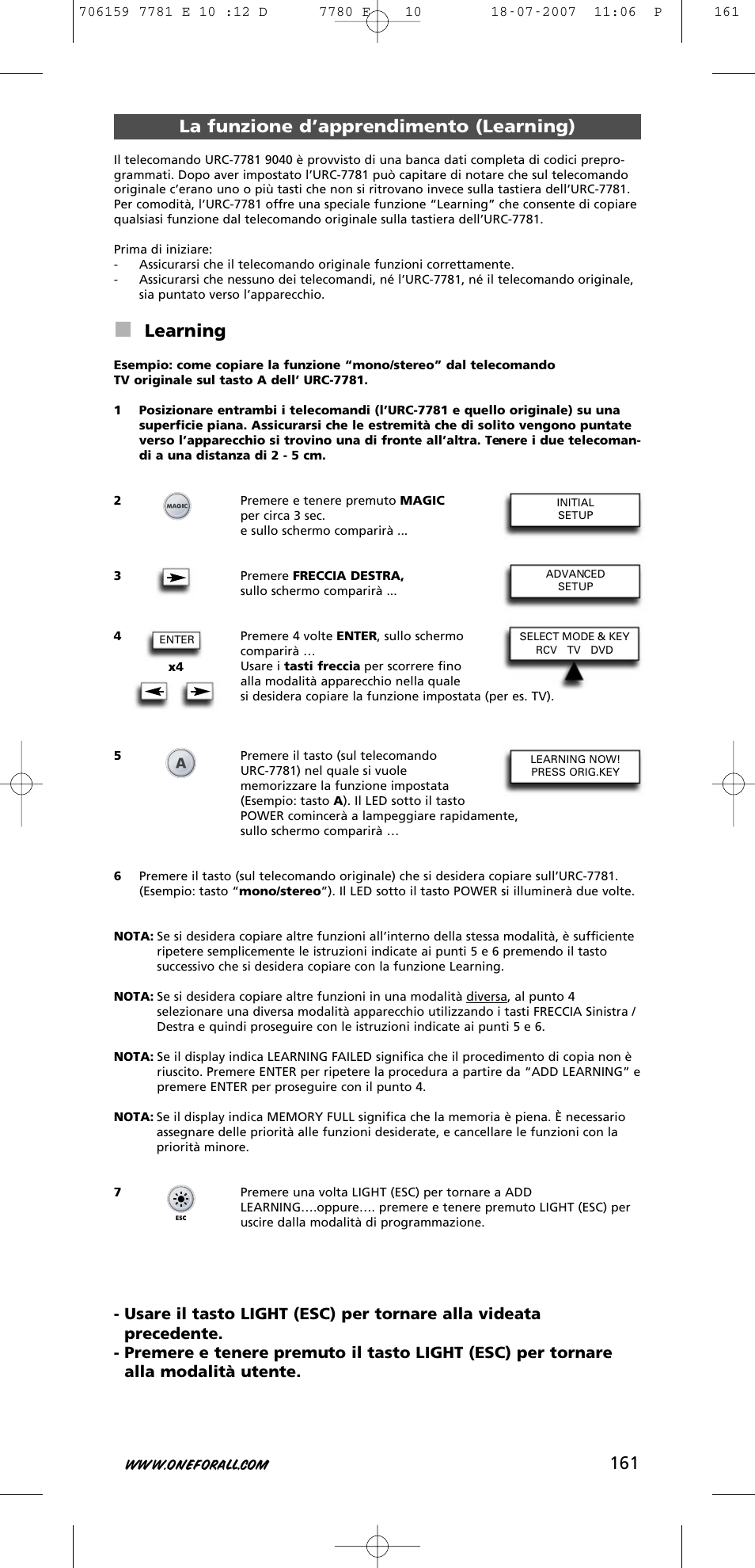 La funzione d’apprendimento (learning), Learning | One for All URC-7781 User Manual | Page 162 / 319