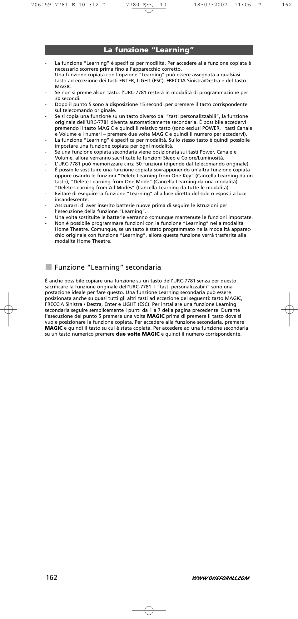 La funzione “learning, Funzione “learning” secondaria | One for All URC-7781 User Manual | Page 163 / 319