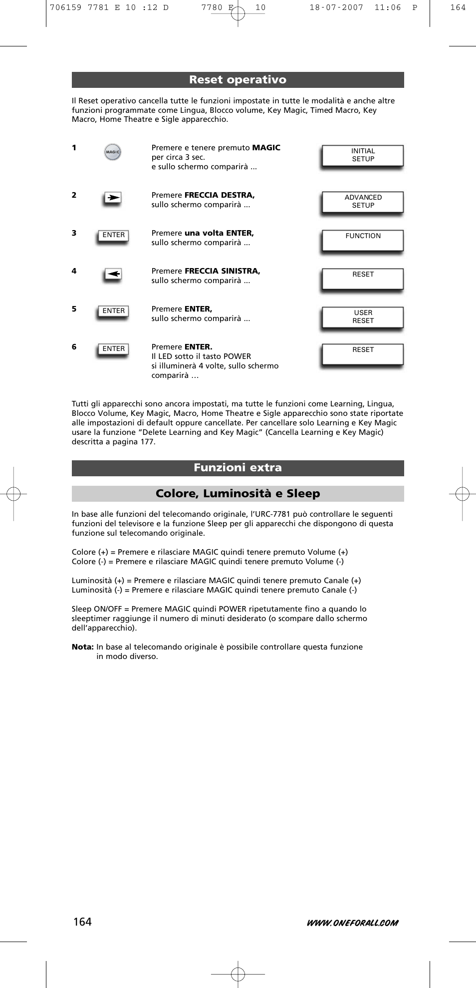 Reset operativo funzioni extra, Colore, luminosità e sleep | One for All URC-7781 User Manual | Page 165 / 319