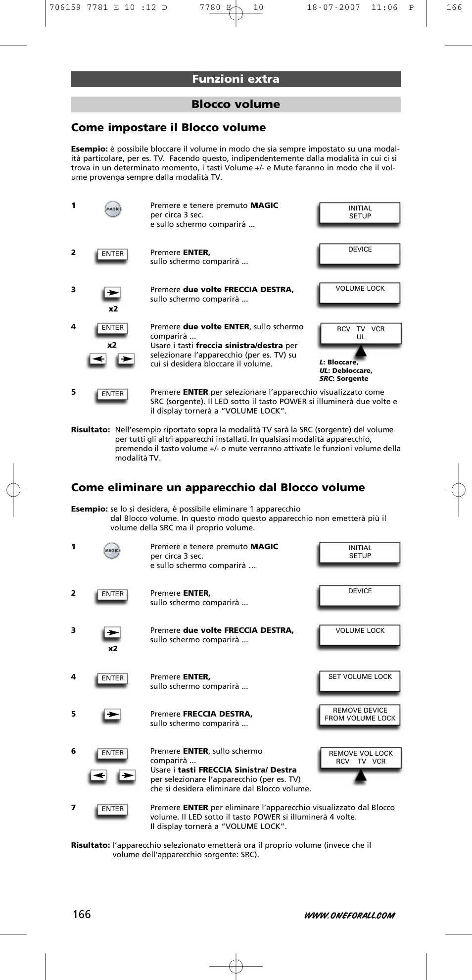 Funzioni extra come impostare il blocco volume, Come eliminare un apparecchio dal blocco volume, Blocco volume | One for All URC-7781 User Manual | Page 167 / 319