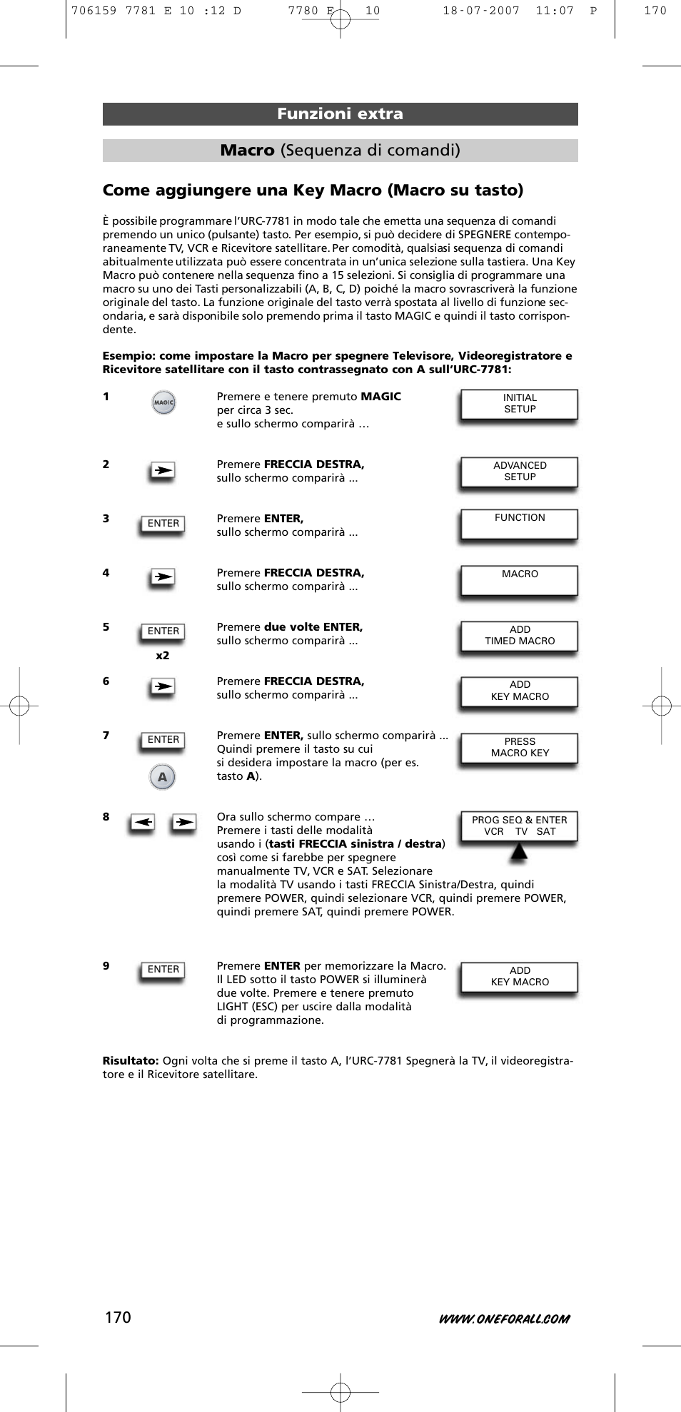 Come aggiungere una key macro (macro su tasto), Funzioni extra macro (sequenza di comandi) | One for All URC-7781 User Manual | Page 171 / 319