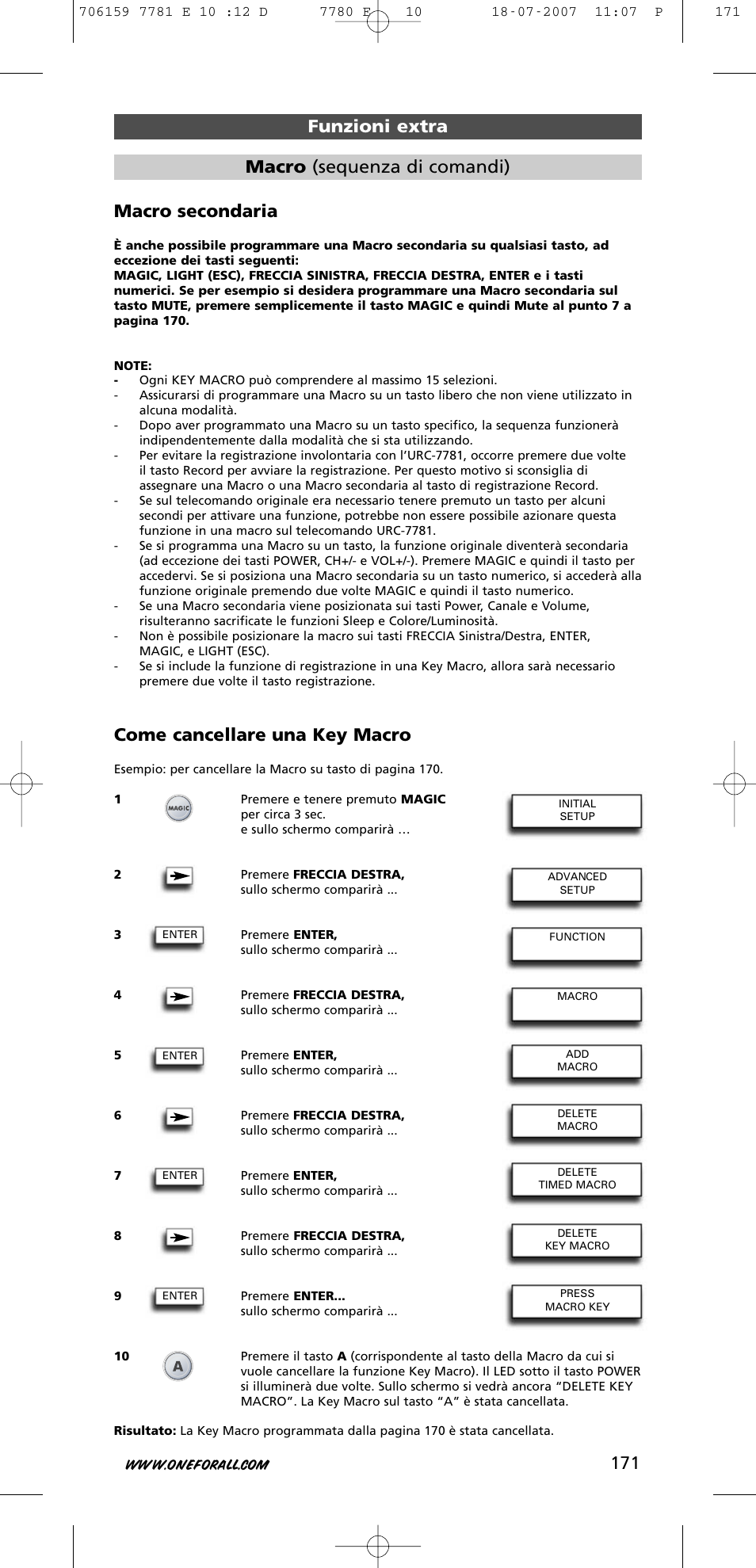 Macro secondaria, Come cancellare una key macro, Funzioni extra macro (sequenza di comandi) | One for All URC-7781 User Manual | Page 172 / 319
