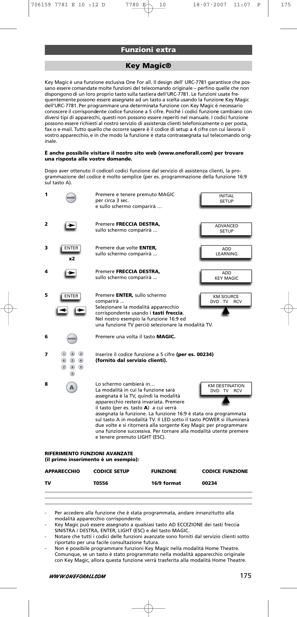 Funzioni extra key magic | One for All URC-7781 User Manual | Page 176 / 319
