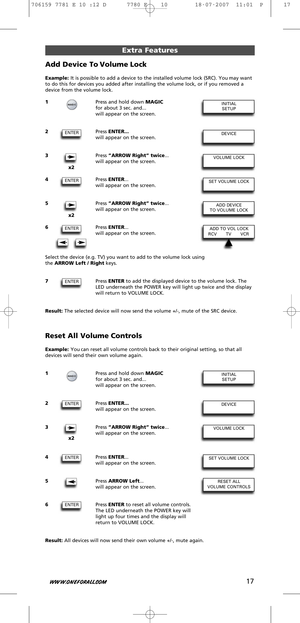 Extra features add device to volume lock, Reset all volume controls | One for All URC-7781 User Manual | Page 18 / 319
