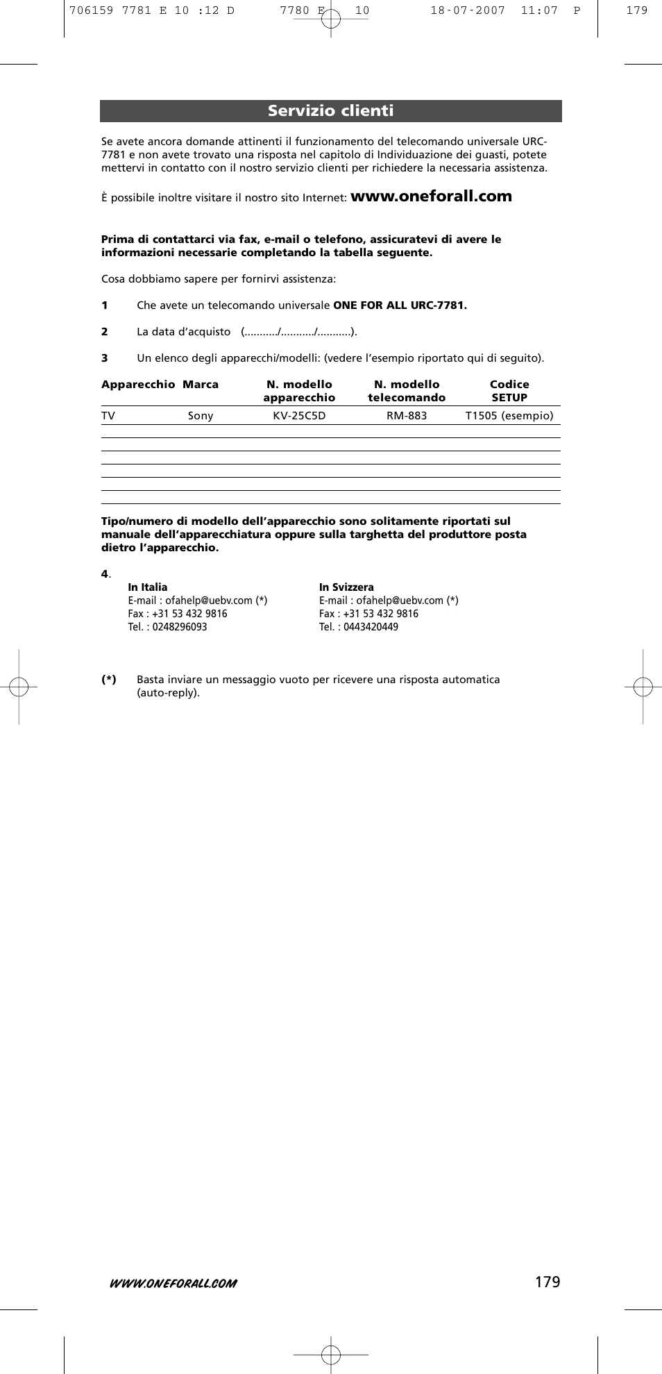 179 servizio clienti | One for All URC-7781 User Manual | Page 180 / 319