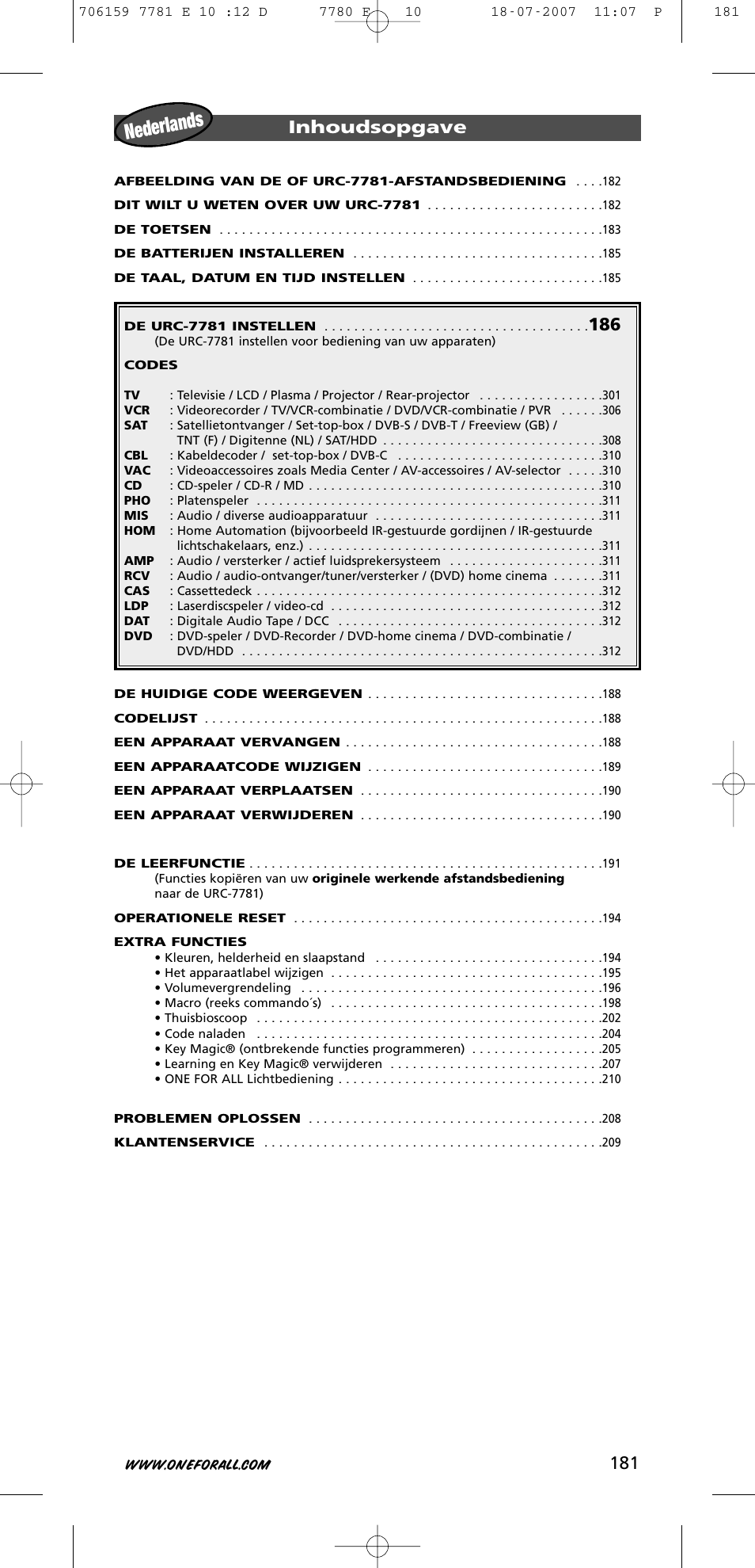 Nederlan ds, 181 inhoudsopgave | One for All URC-7781 User Manual | Page 182 / 319