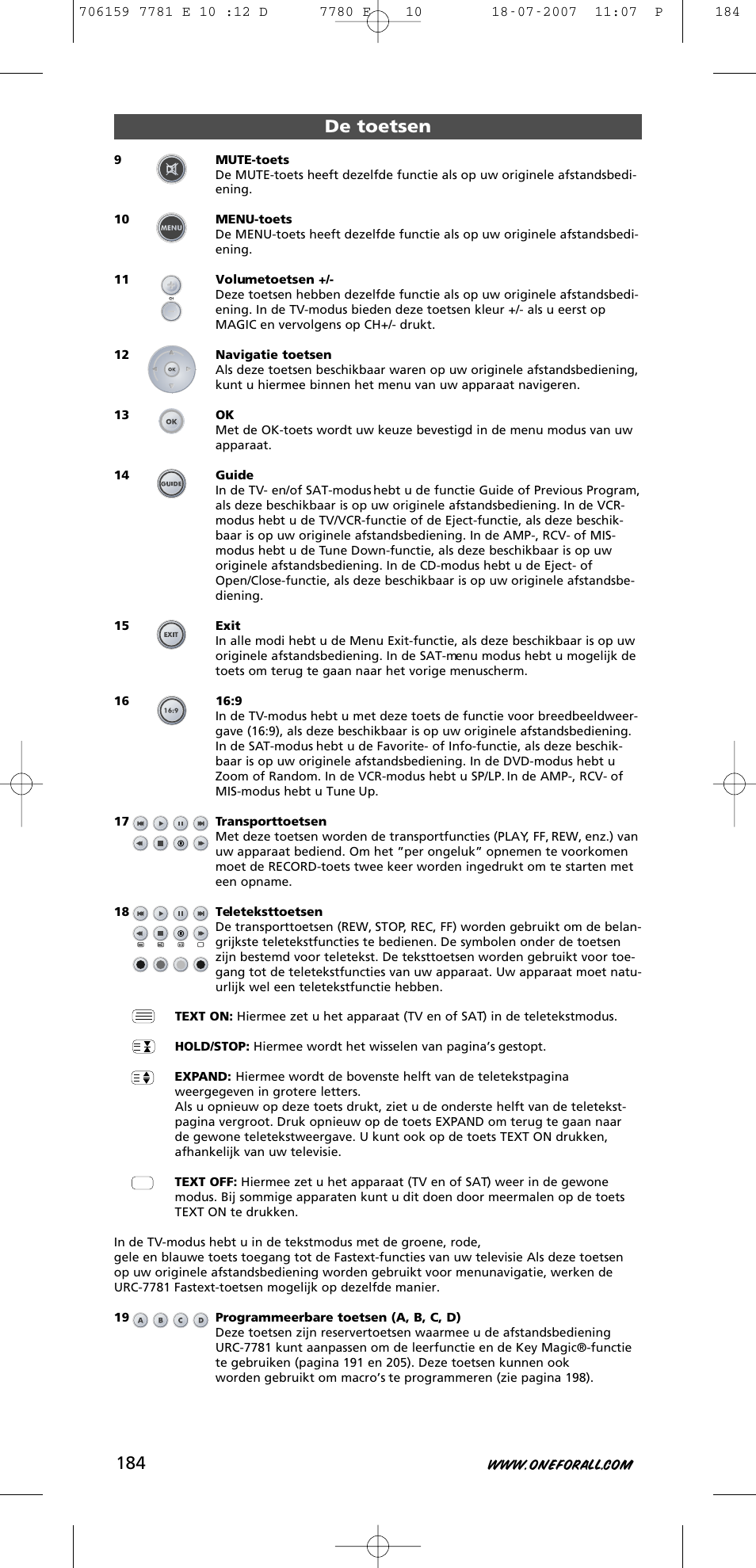 De toetsen | One for All URC-7781 User Manual | Page 185 / 319