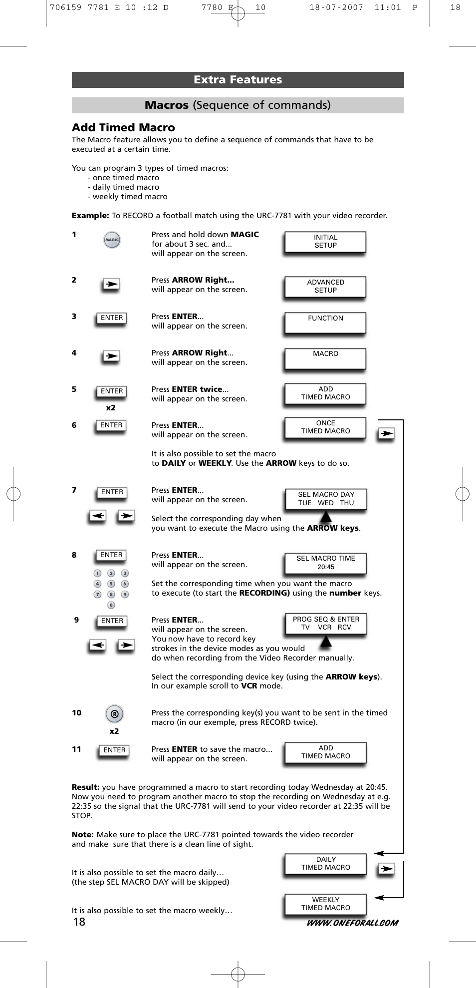 Extra features add timed macro, Macros (sequence of commands) | One for All URC-7781 User Manual | Page 19 / 319