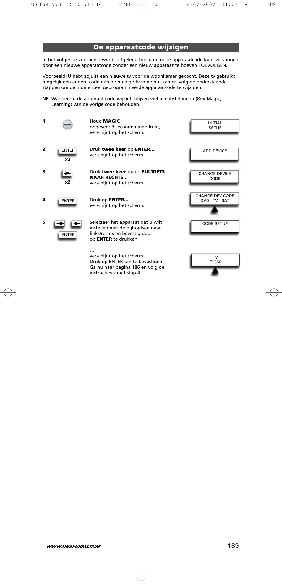 De apparaatcode wijzigen | One for All URC-7781 User Manual | Page 190 / 319