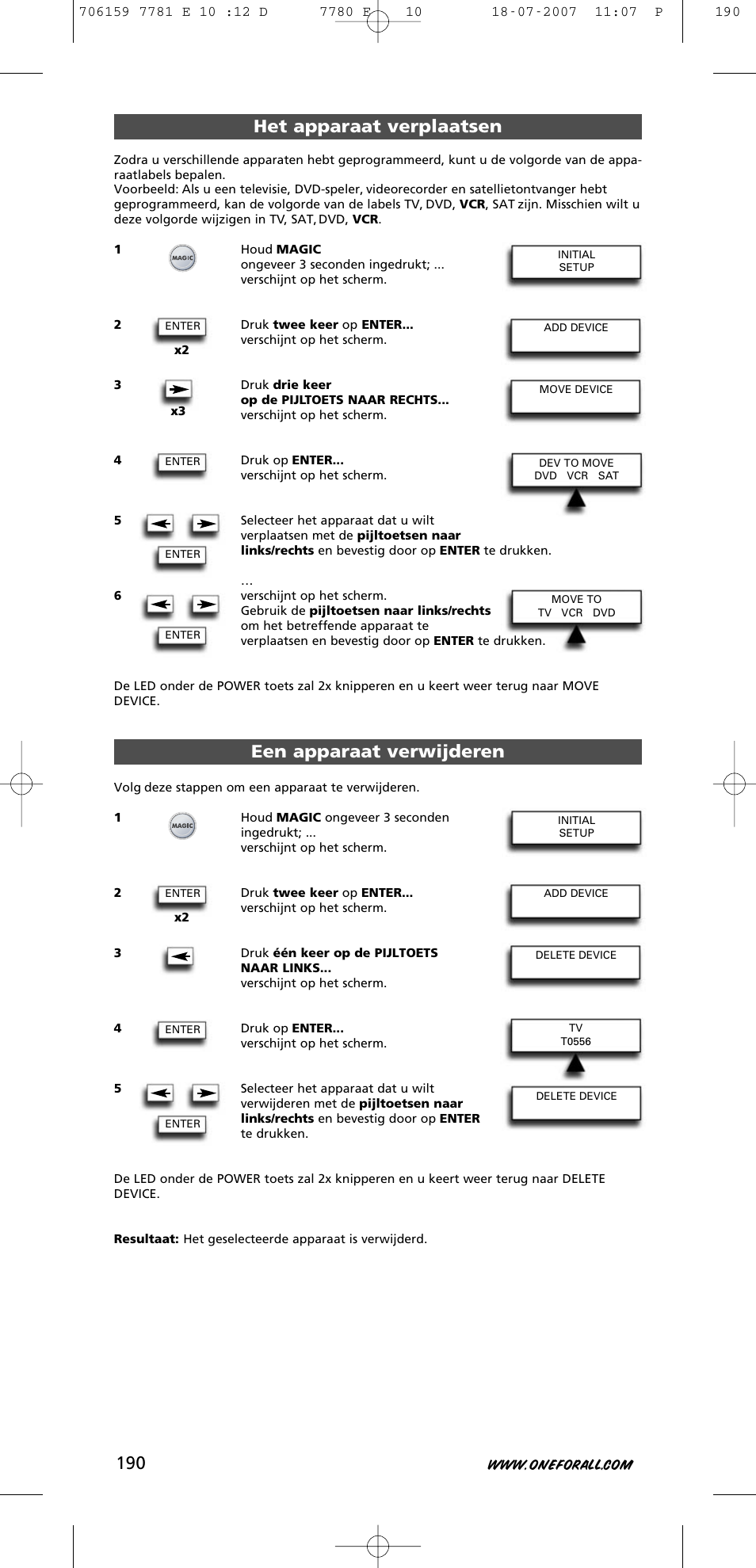 Het apparaat verplaatsen, Een apparaat verwijderen | One for All URC-7781 User Manual | Page 191 / 319
