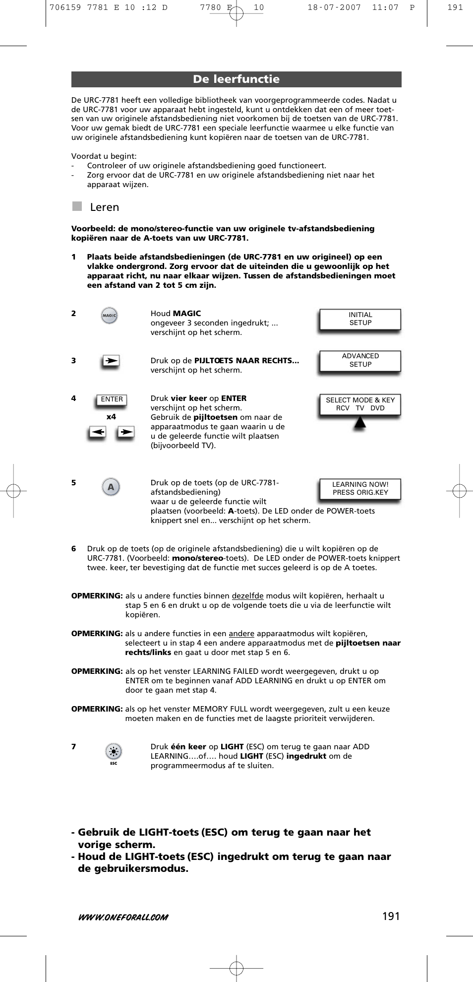 De leerfunctie, Leren | One for All URC-7781 User Manual | Page 192 / 319