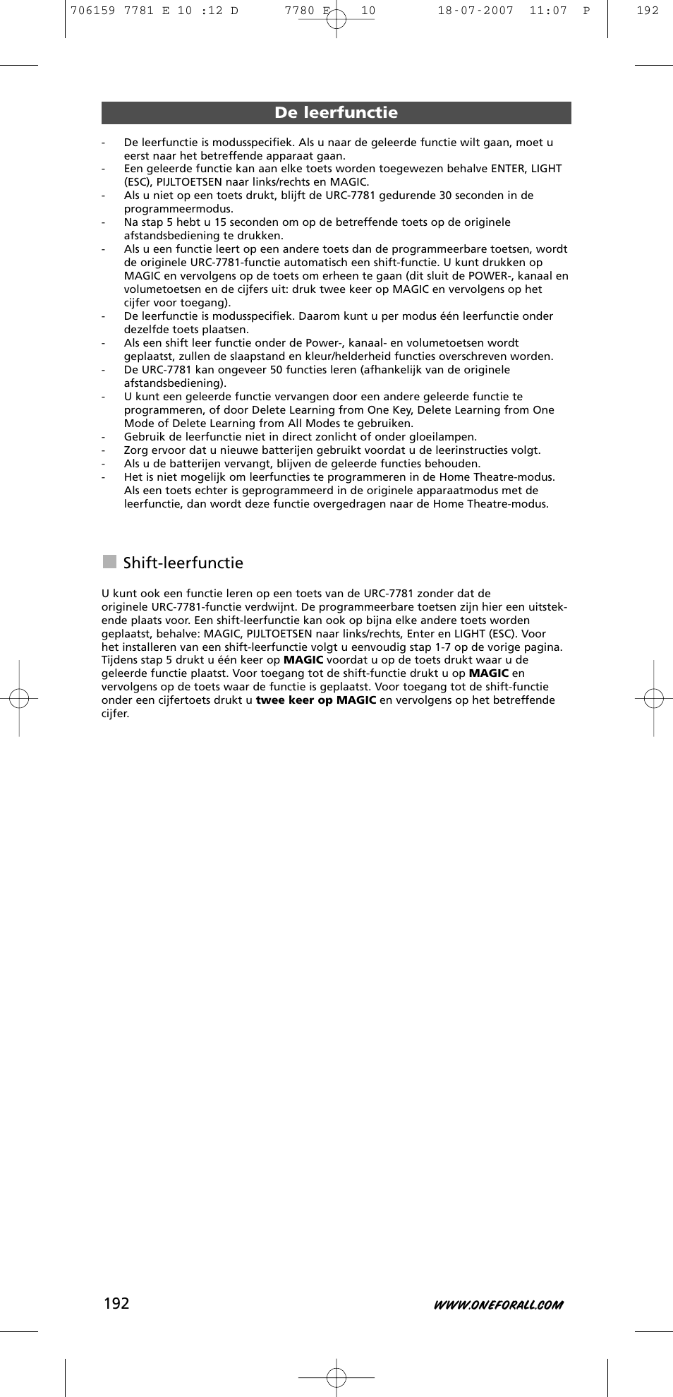 De leerfunctie, Shift-leerfunctie | One for All URC-7781 User Manual | Page 193 / 319