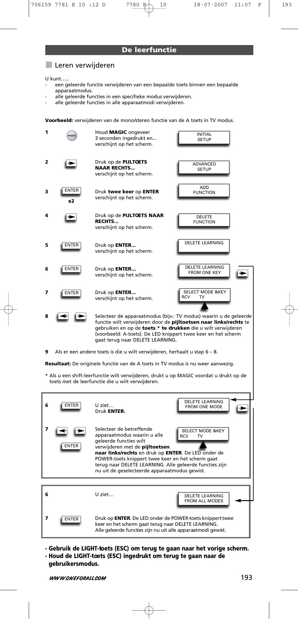 193 de leerfunctie leren verwijderen | One for All URC-7781 User Manual | Page 194 / 319