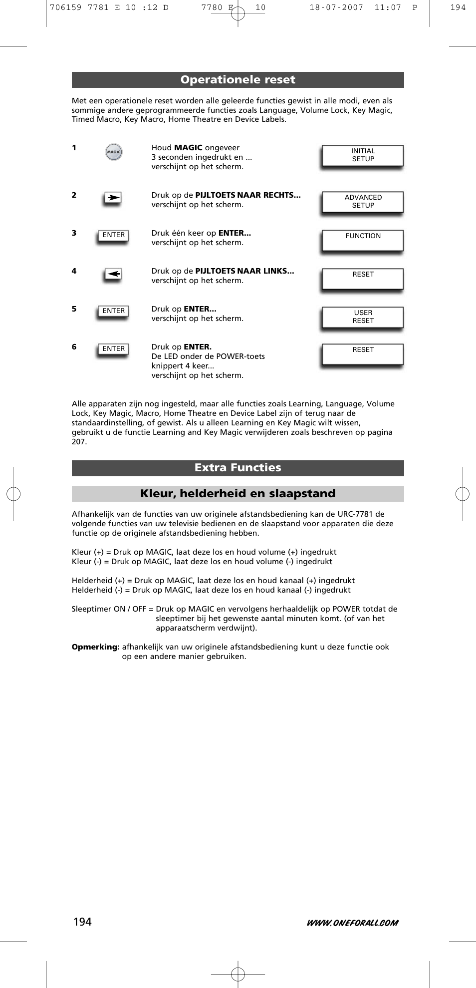 Operationele reset extra functies, Kleur, helderheid en slaapstand | One for All URC-7781 User Manual | Page 195 / 319