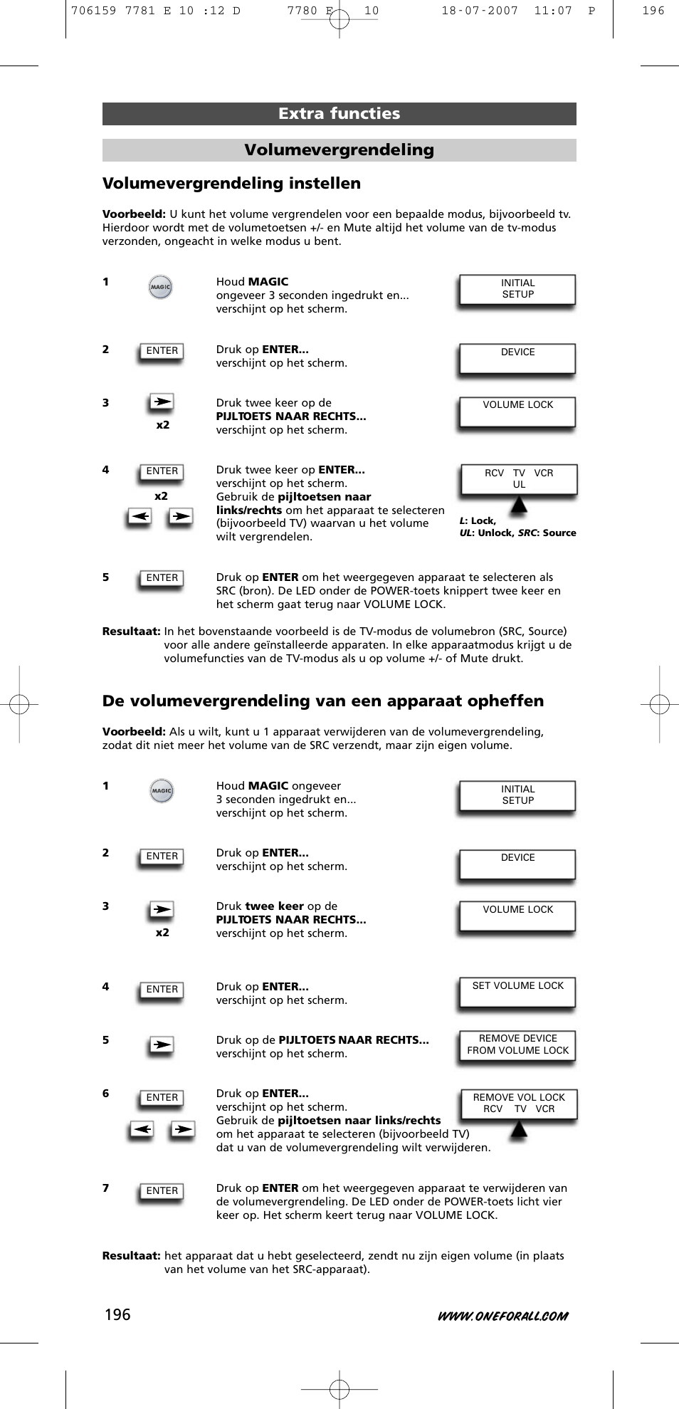Extra functies volumevergrendeling instellen, De volumevergrendeling van een apparaat opheffen, Volumevergrendeling | One for All URC-7781 User Manual | Page 197 / 319