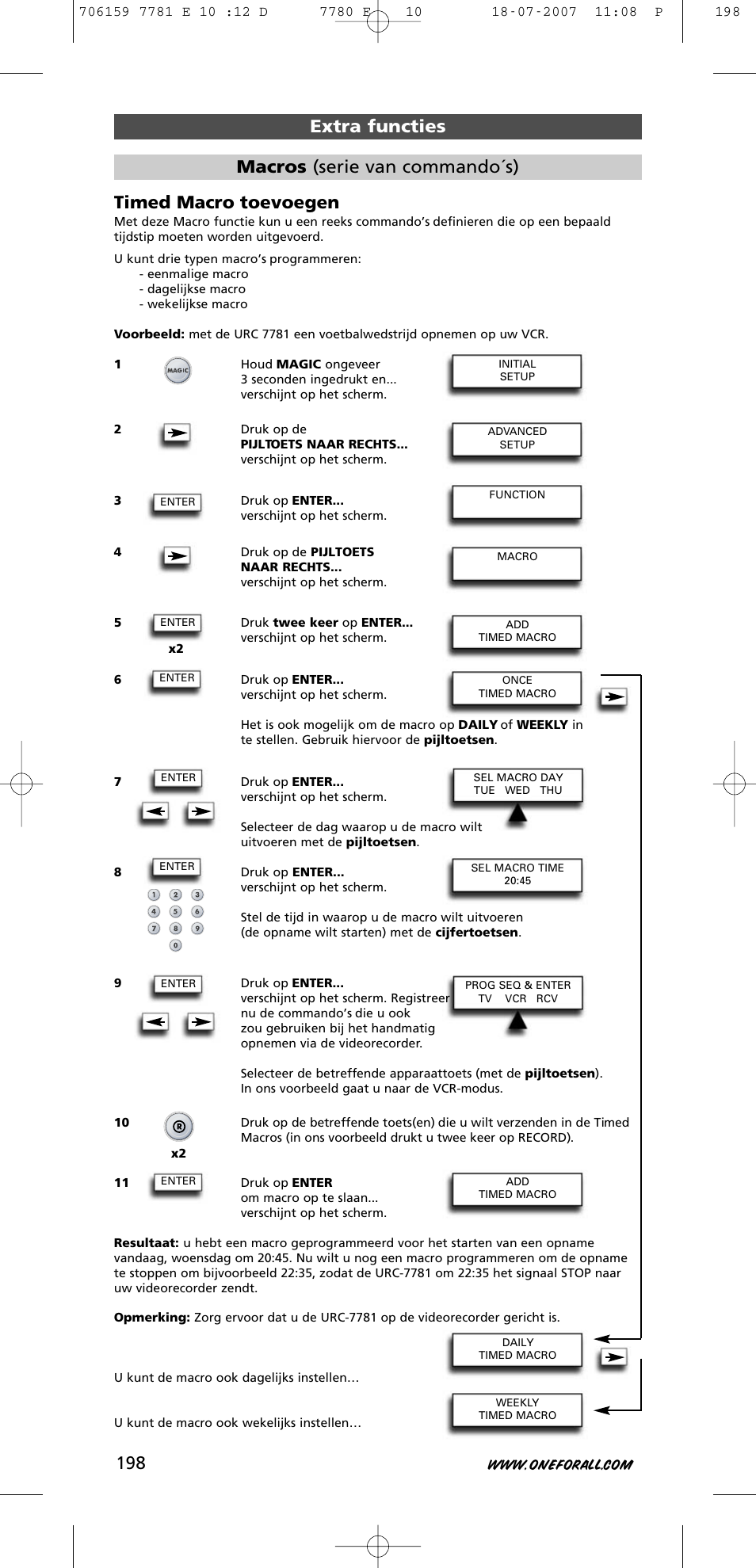 Extra functies timed macro toevoegen, Macros (serie van commando´s) | One for All URC-7781 User Manual | Page 199 / 319
