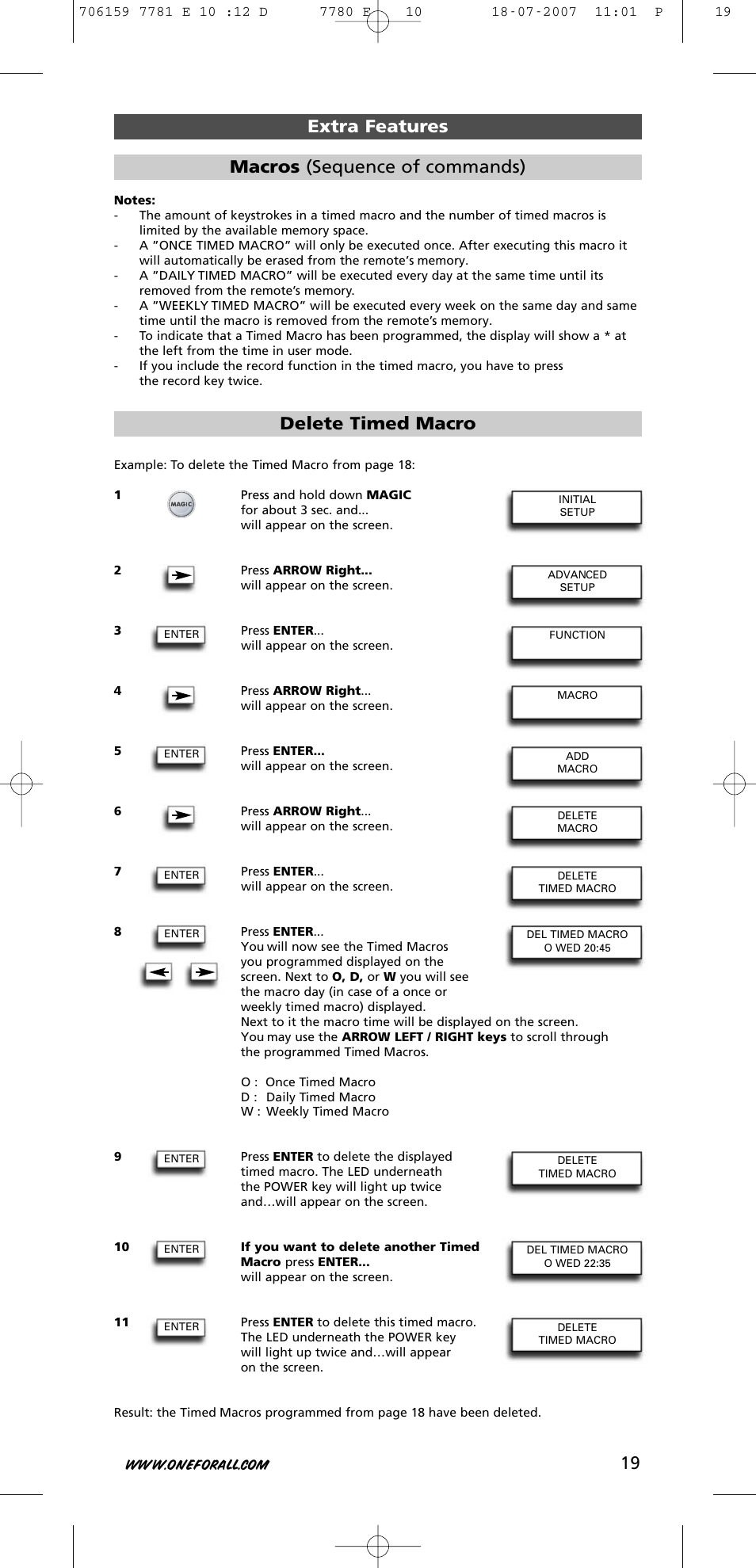 Delete timed macro, Extra features macros (sequence of commands) | One for All URC-7781 User Manual | Page 20 / 319