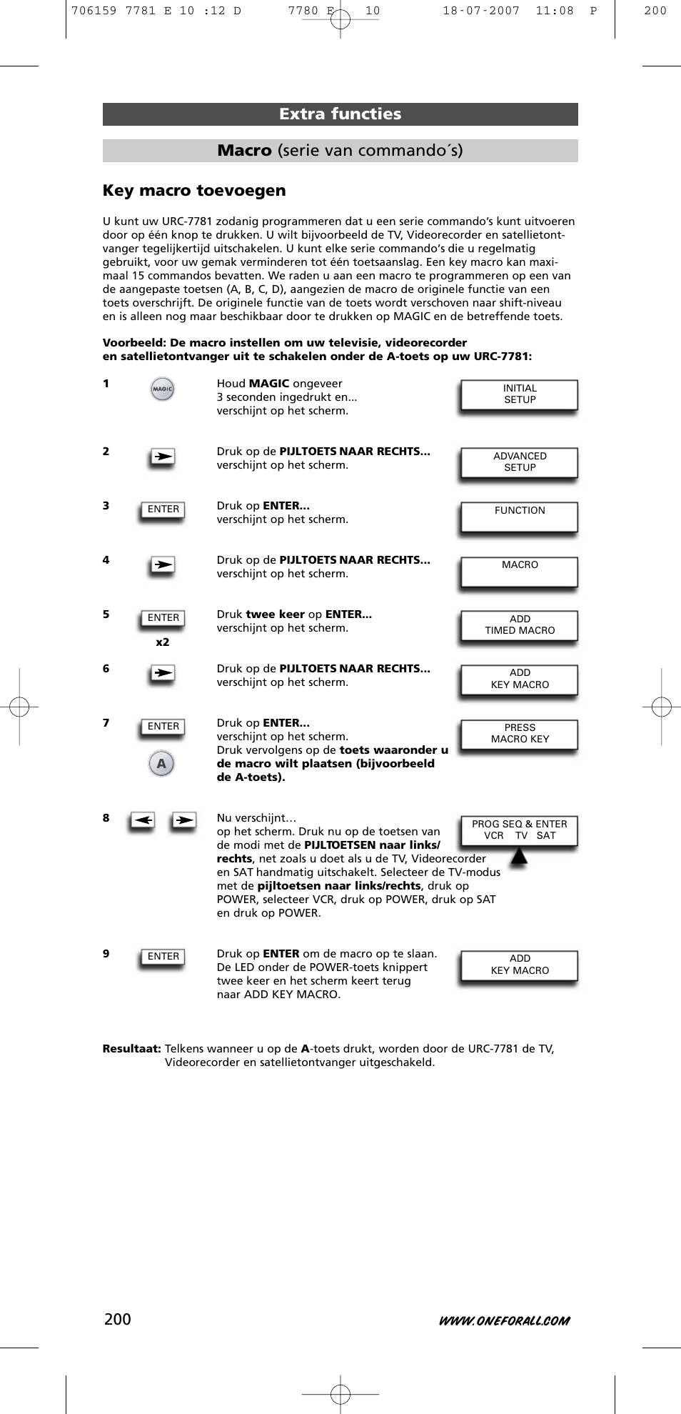 Key macro toevoegen, Extra functies macro (serie van commando´s) | One for All URC-7781 User Manual | Page 201 / 319