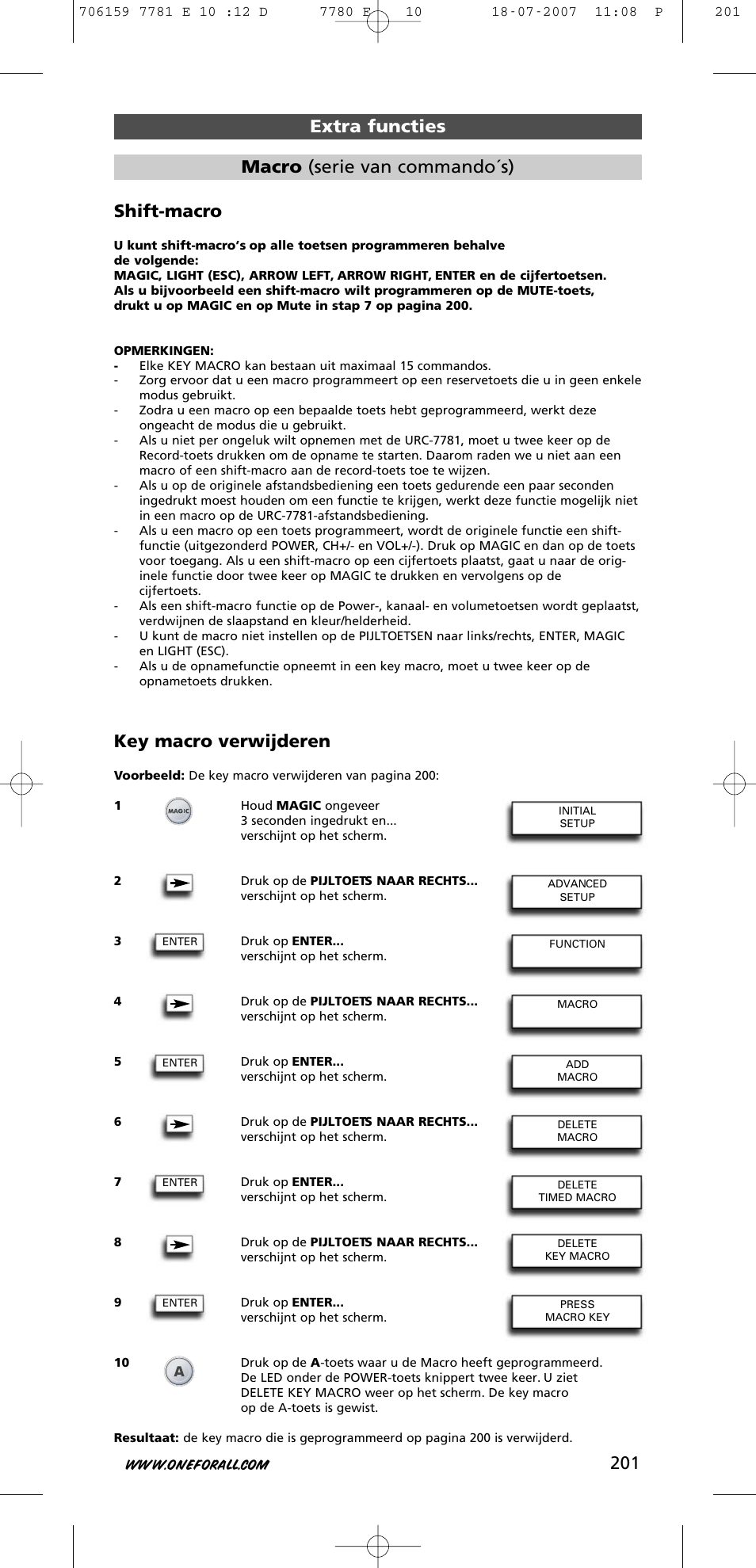 Shift-macro, Key macro verwijderen, Extra functies macro (serie van commando´s) | One for All URC-7781 User Manual | Page 202 / 319