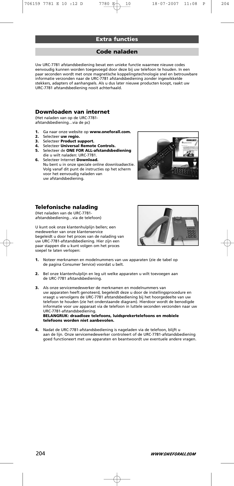 Downloaden van internet, Telefonische nalading, Extra functies code naladen | One for All URC-7781 User Manual | Page 205 / 319