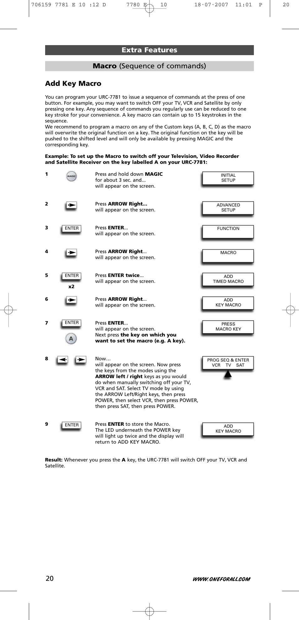 Add key macro, Extra features macro (sequence of commands) | One for All URC-7781 User Manual | Page 21 / 319