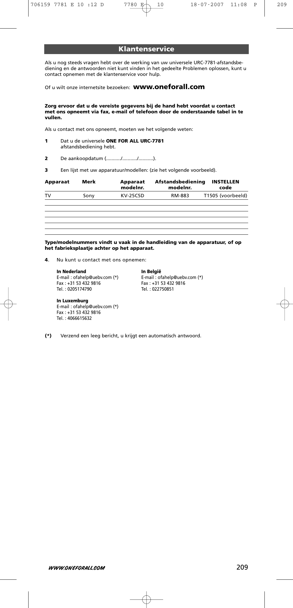 209 klantenservice | One for All URC-7781 User Manual | Page 210 / 319