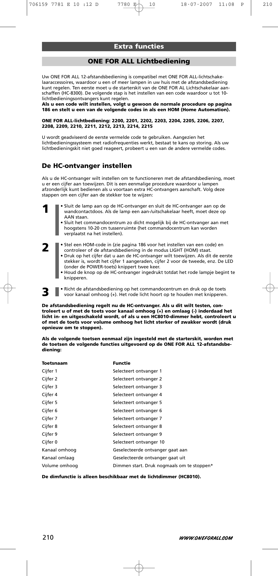 De hc-ontvanger instellen, Extra functies one for all lichtbediening | One for All URC-7781 User Manual | Page 211 / 319