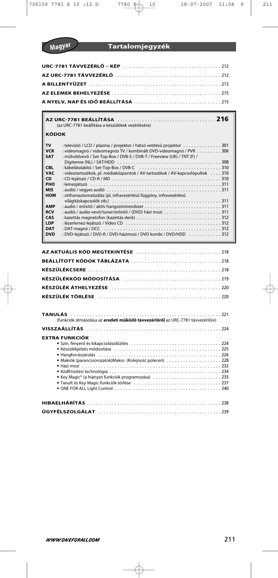 Magyar, 211 tartalomjegyzék | One for All URC-7781 User Manual | Page 212 / 319