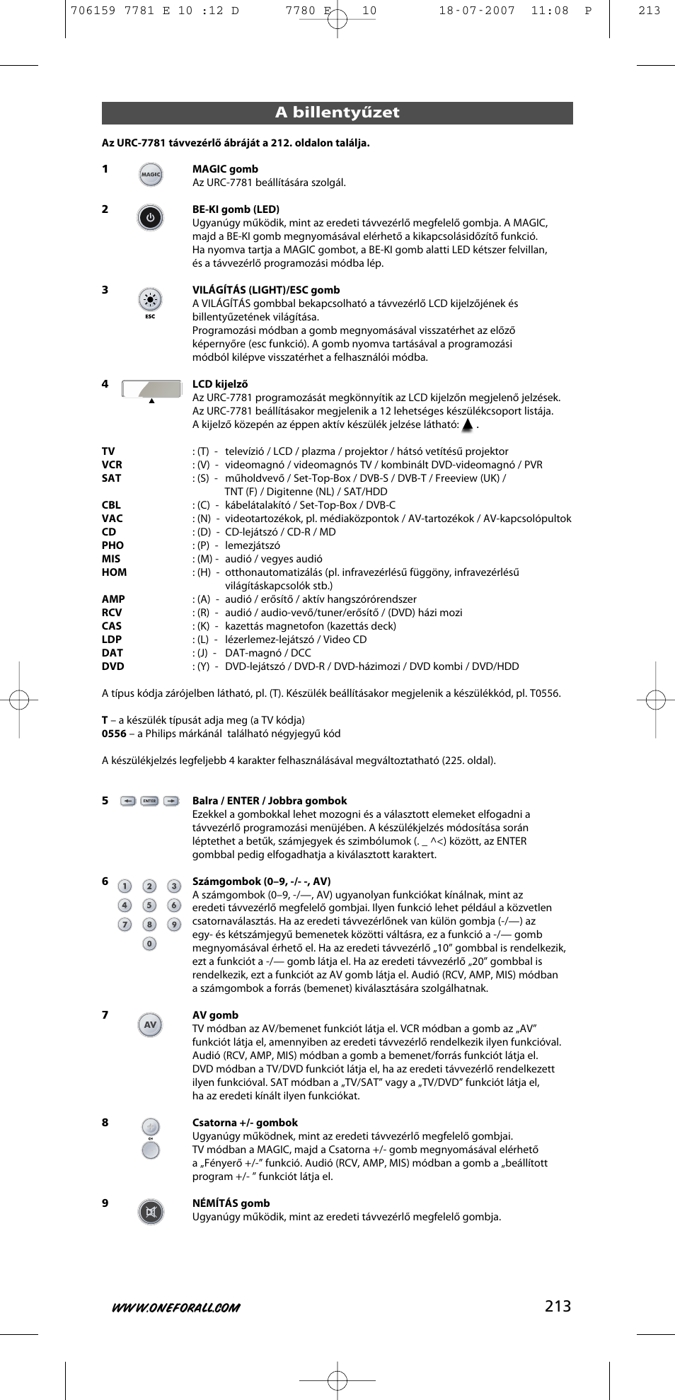 213 a billentyűzet | One for All URC-7781 User Manual | Page 214 / 319