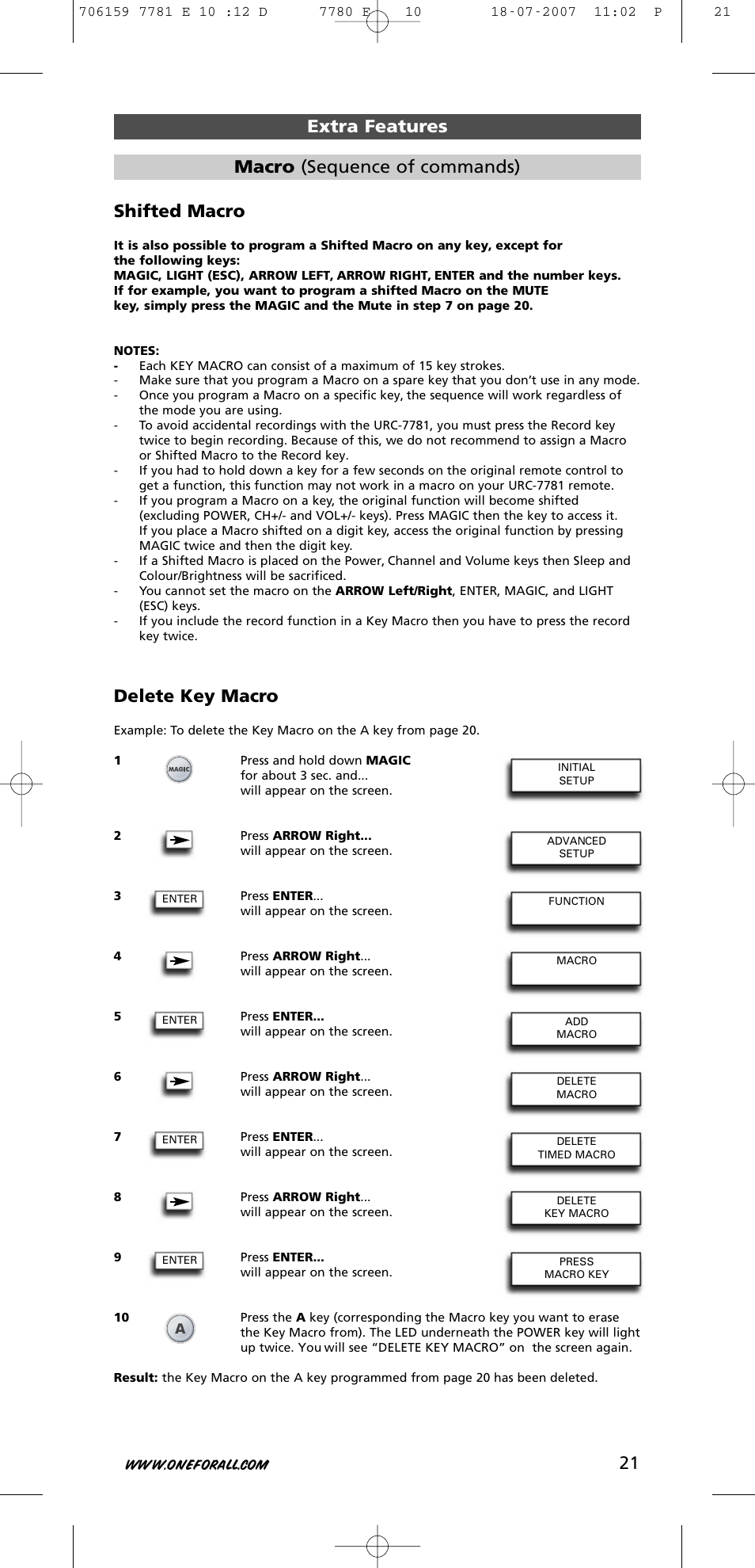 Shifted macro, Delete key macro, Extra features macro (sequence of commands) | One for All URC-7781 User Manual | Page 22 / 319