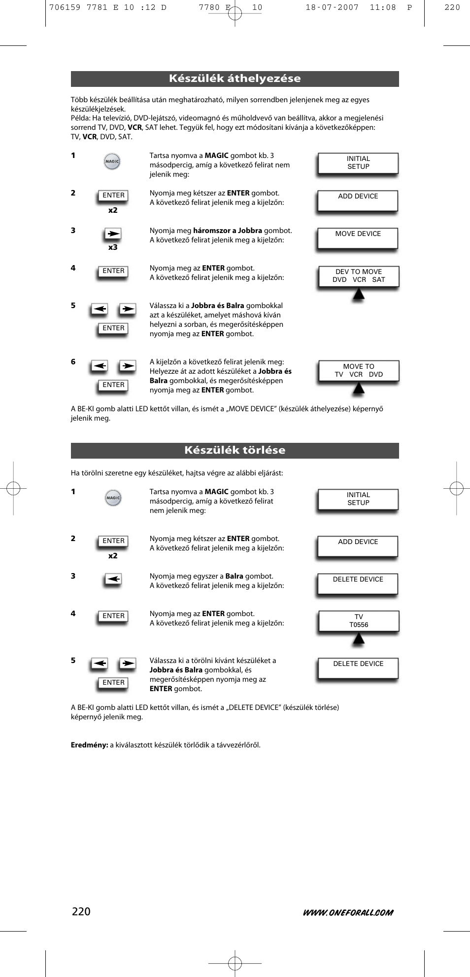 Készülék áthelyezése, Készülék törlése | One for All URC-7781 User Manual | Page 221 / 319