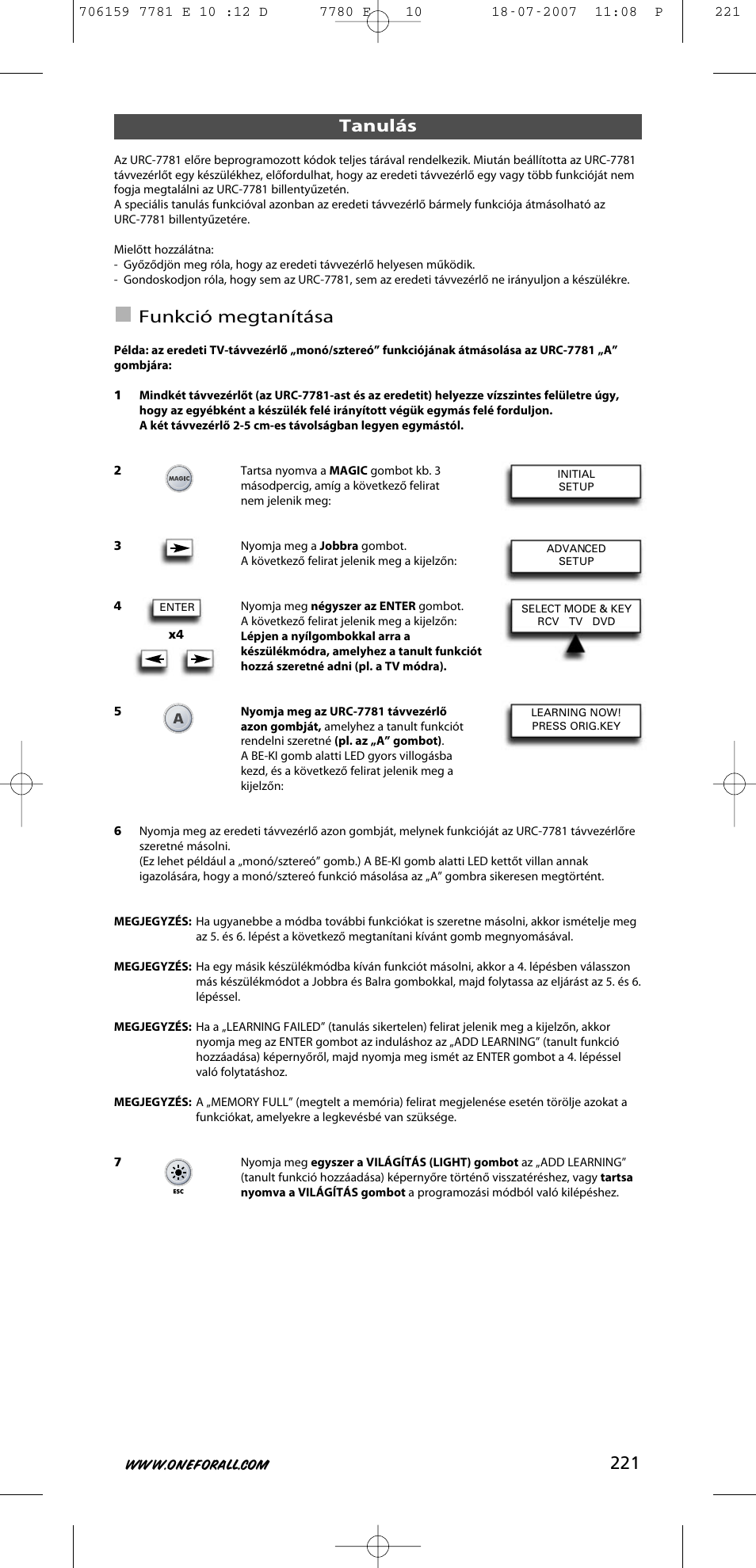 Tanulás, Funkció megtanítása | One for All URC-7781 User Manual | Page 222 / 319