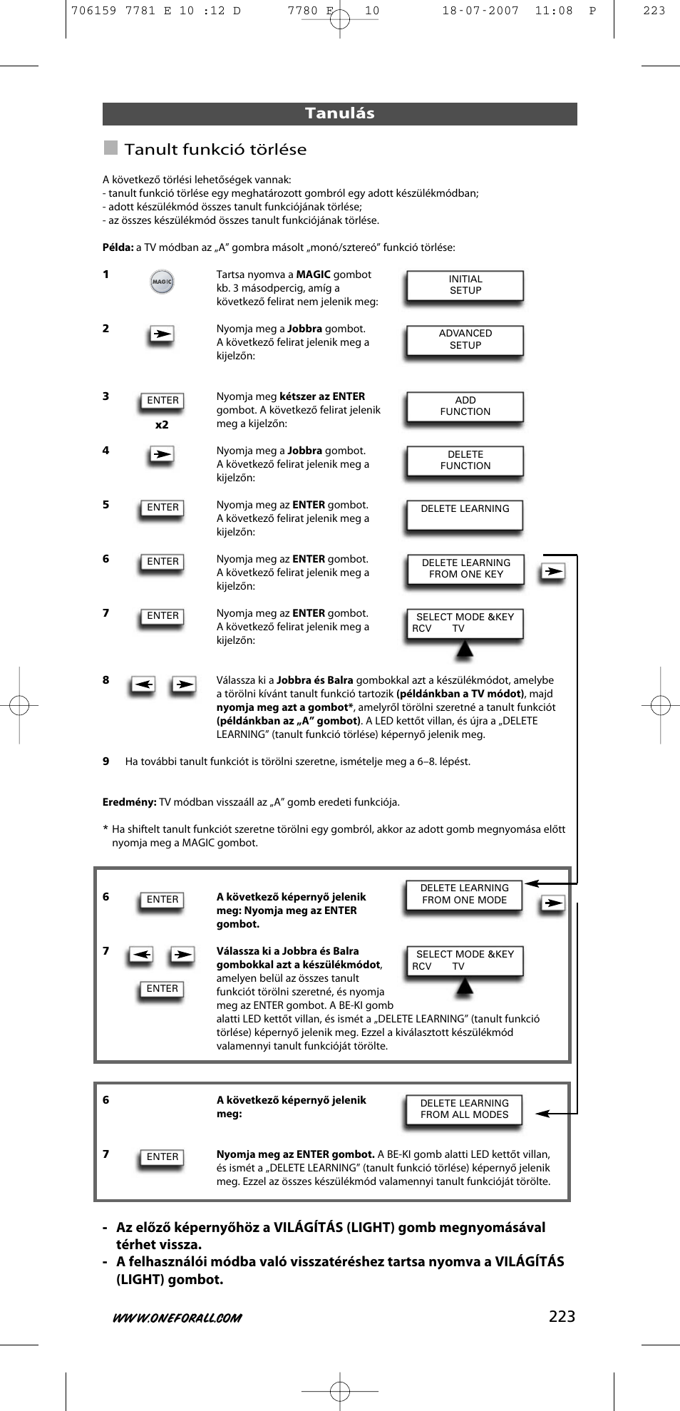 223 tanulás tanult funkció törlése | One for All URC-7781 User Manual | Page 224 / 319