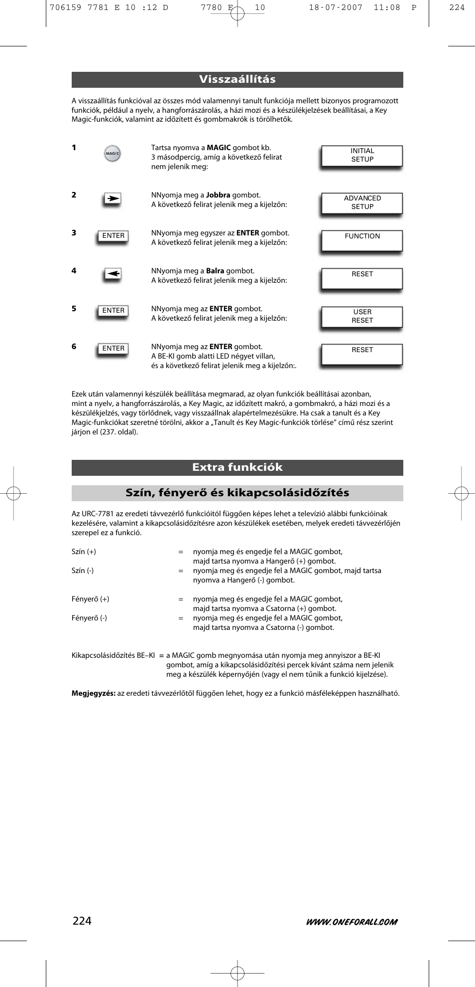 Visszaállítás extra funkciók, Szín, fényerő és kikapcsolásidőzítés | One for All URC-7781 User Manual | Page 225 / 319