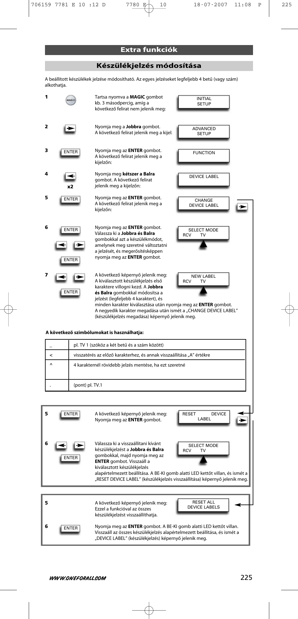 225 extra funkciók készülékjelzés módosítása | One for All URC-7781 User Manual | Page 226 / 319