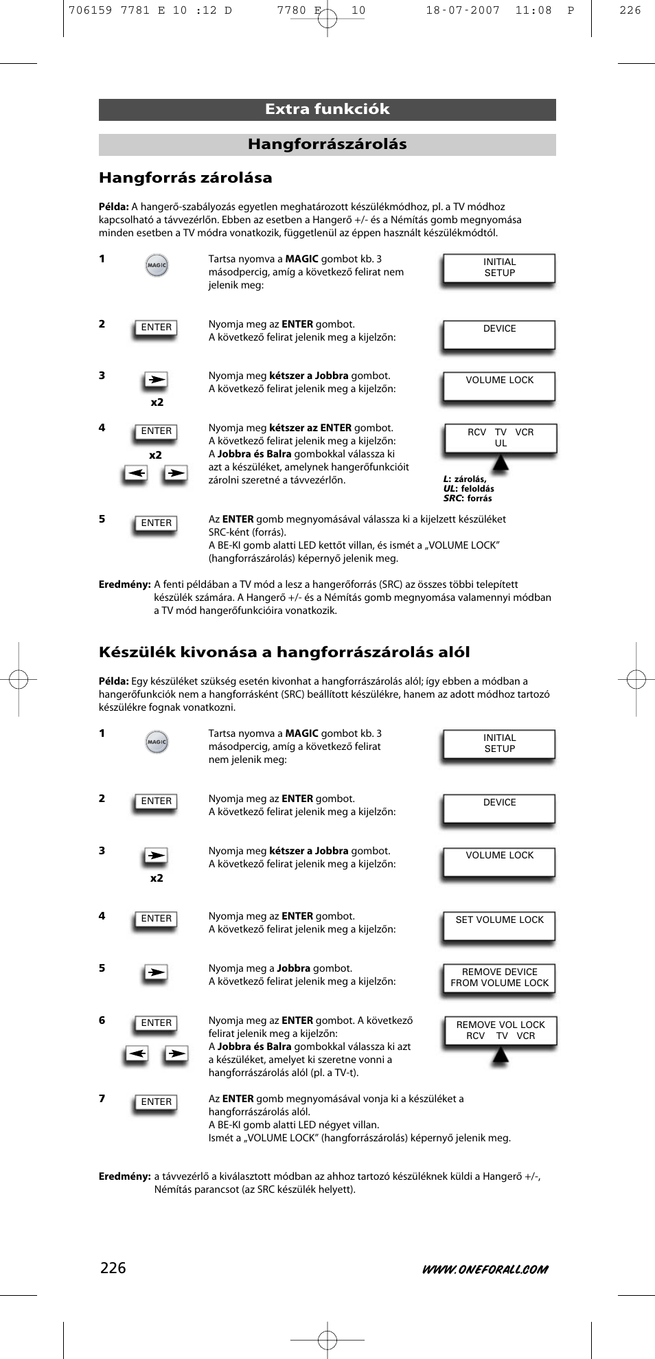Extra funkciók hangforrás zárolása, Készülék kivonása a hangforrászárolás alól, Hangforrászárolás | One for All URC-7781 User Manual | Page 227 / 319