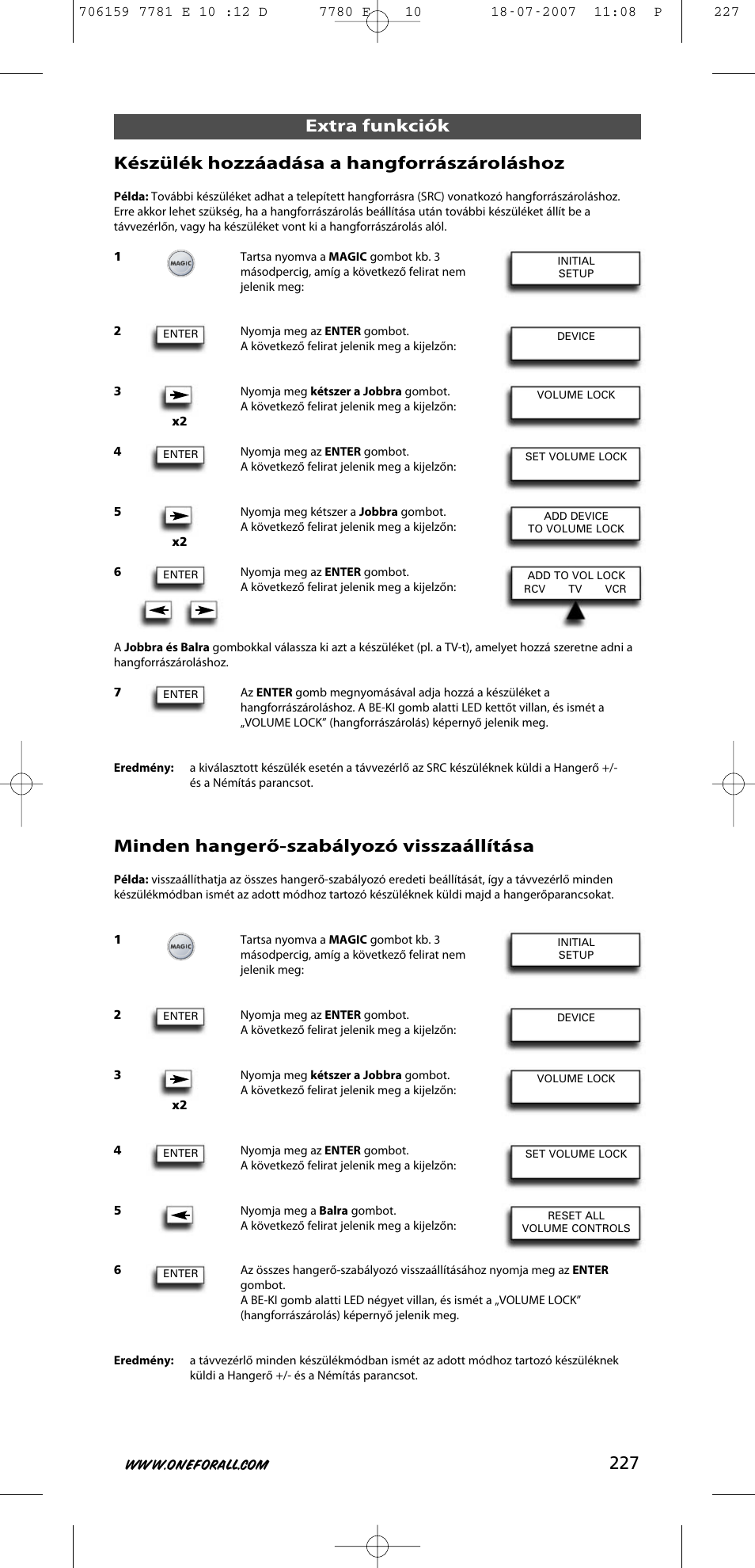 Minden hangerő-szabályozó visszaállítása | One for All URC-7781 User Manual | Page 228 / 319