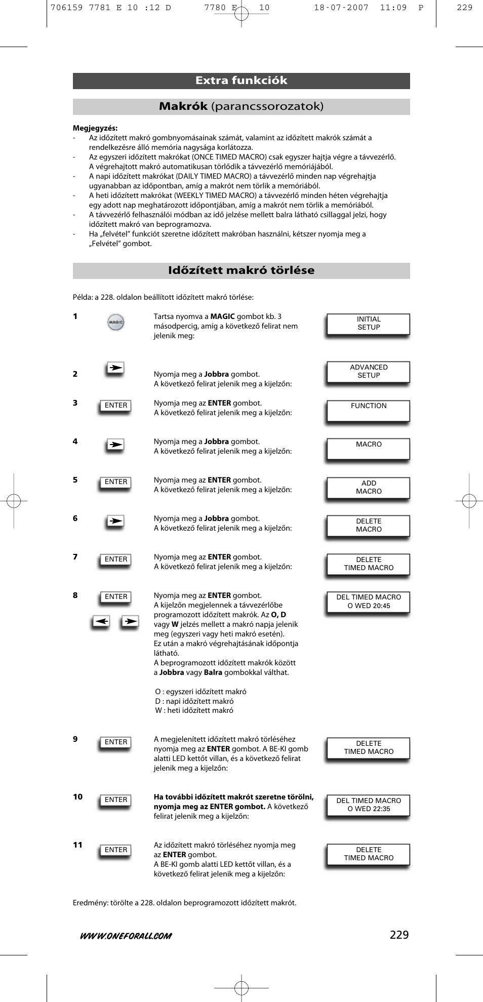 Időzített makró törlése, Extra funkciók makrók (parancssorozatok) | One for All URC-7781 User Manual | Page 230 / 319