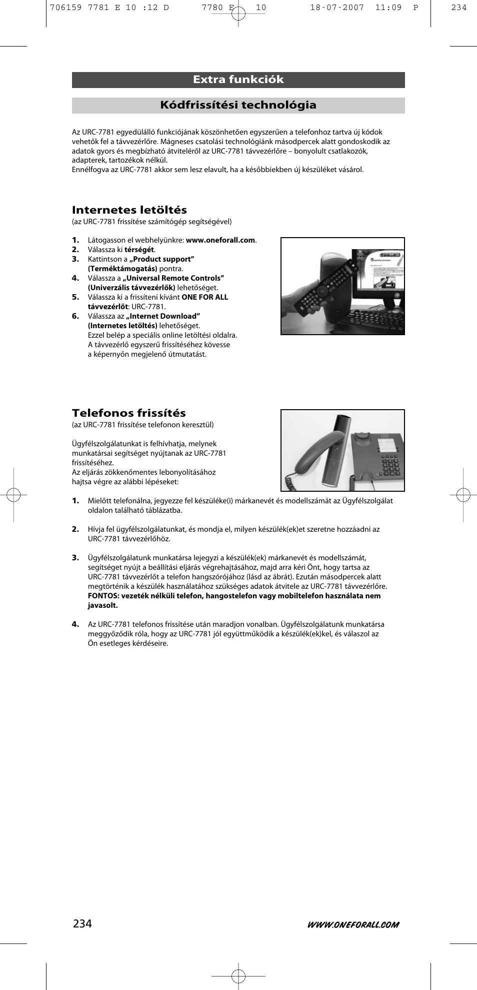 Internetes letöltés, Telefonos frissítés, Extra funkciók kódfrissítési technológia | One for All URC-7781 User Manual | Page 235 / 319