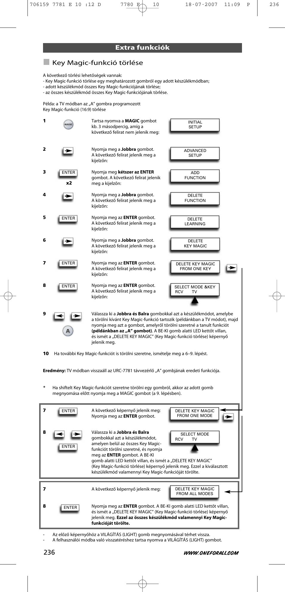 Extra funkciók key magic-funkció törlése | One for All URC-7781 User Manual | Page 237 / 319