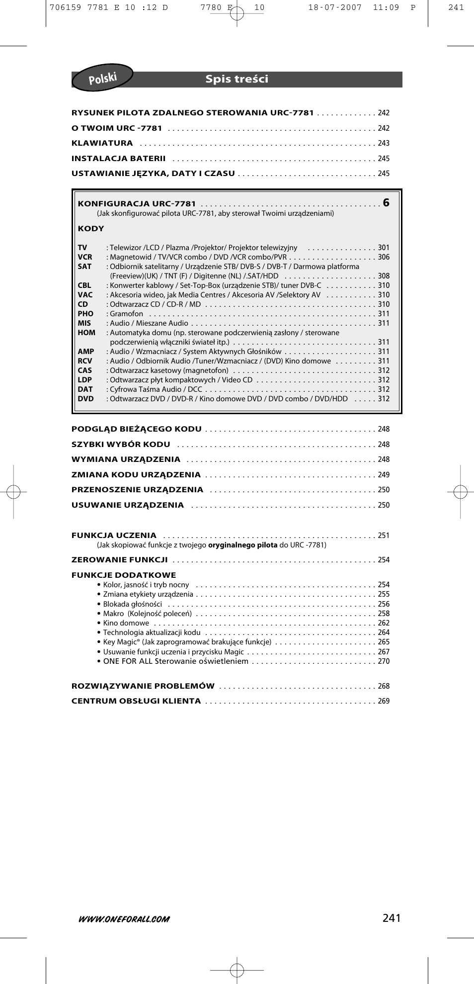 One for All URC-7781 User Manual | Page 242 / 319