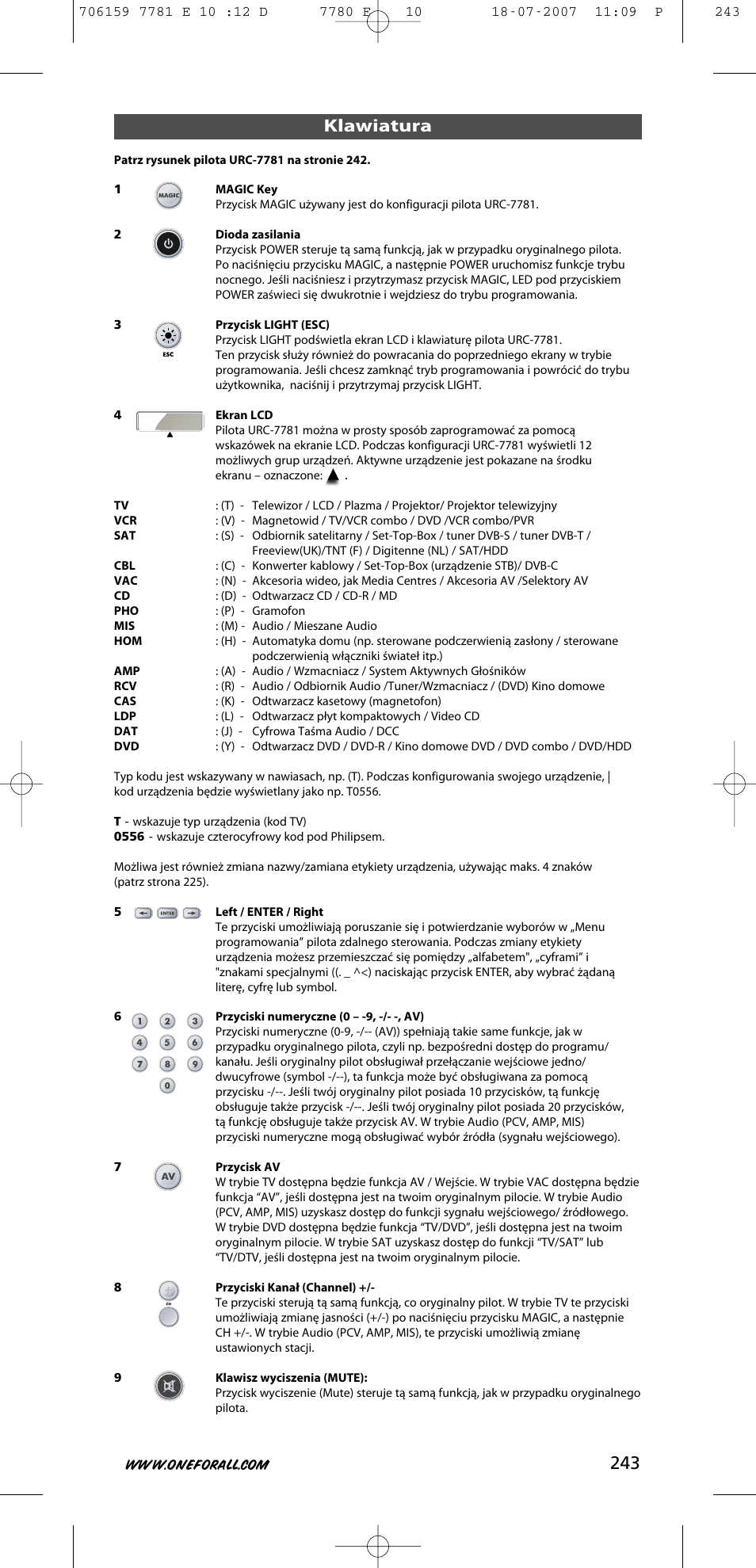 243 klawiatura | One for All URC-7781 User Manual | Page 244 / 319